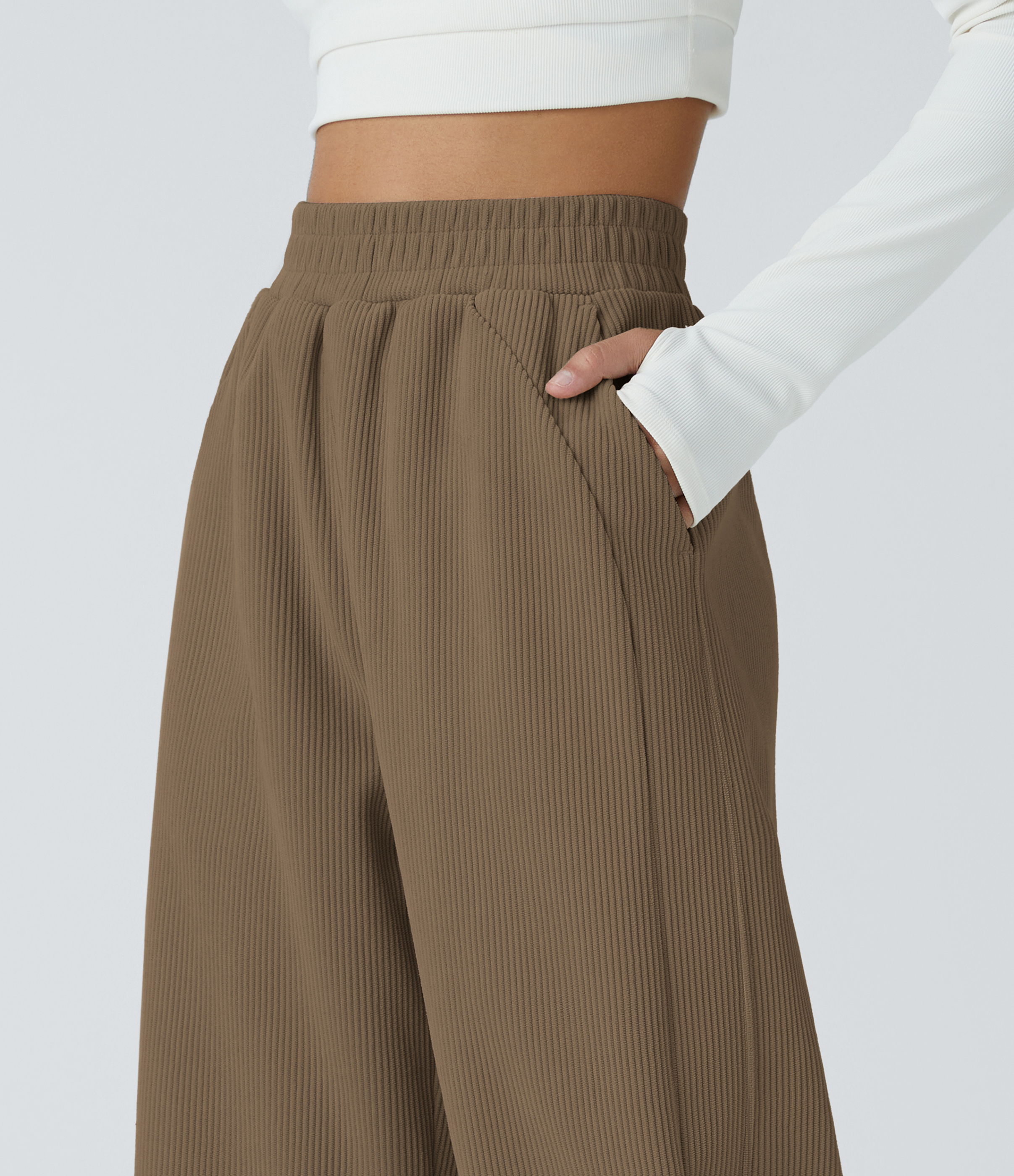 Halara High Waisted Side Pocket Straight Leg Mop Corduroy Casual Pants  - Chestnut Brown - S(regular) sweatpants jogger pants 