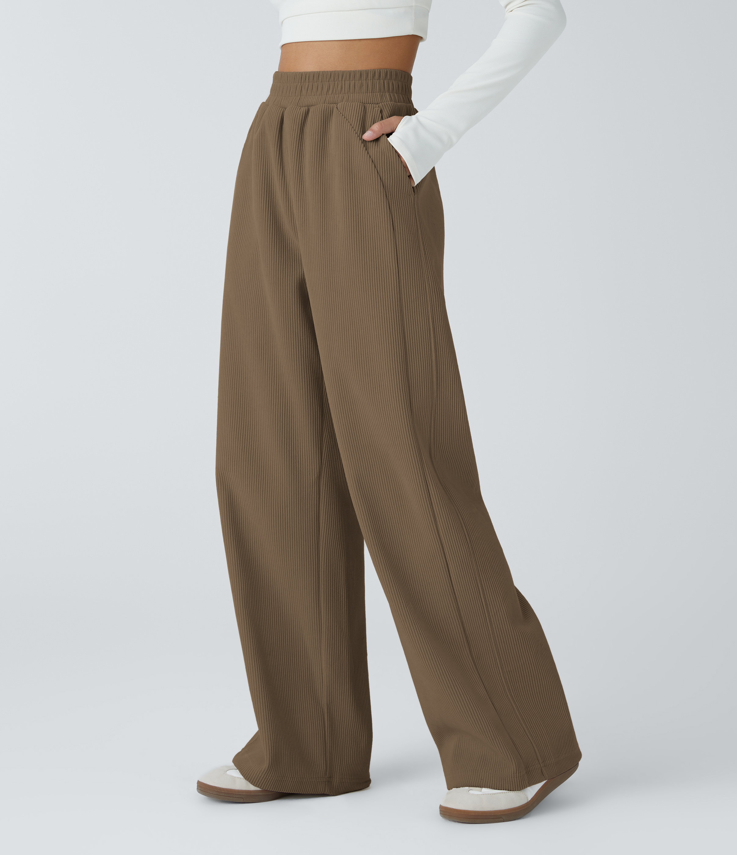 Halara High Waisted Side Pocket Straight Leg Mop Corduroy Casual Pants  - Chestnut Brown - S(regular) sweatpants jogger pants 