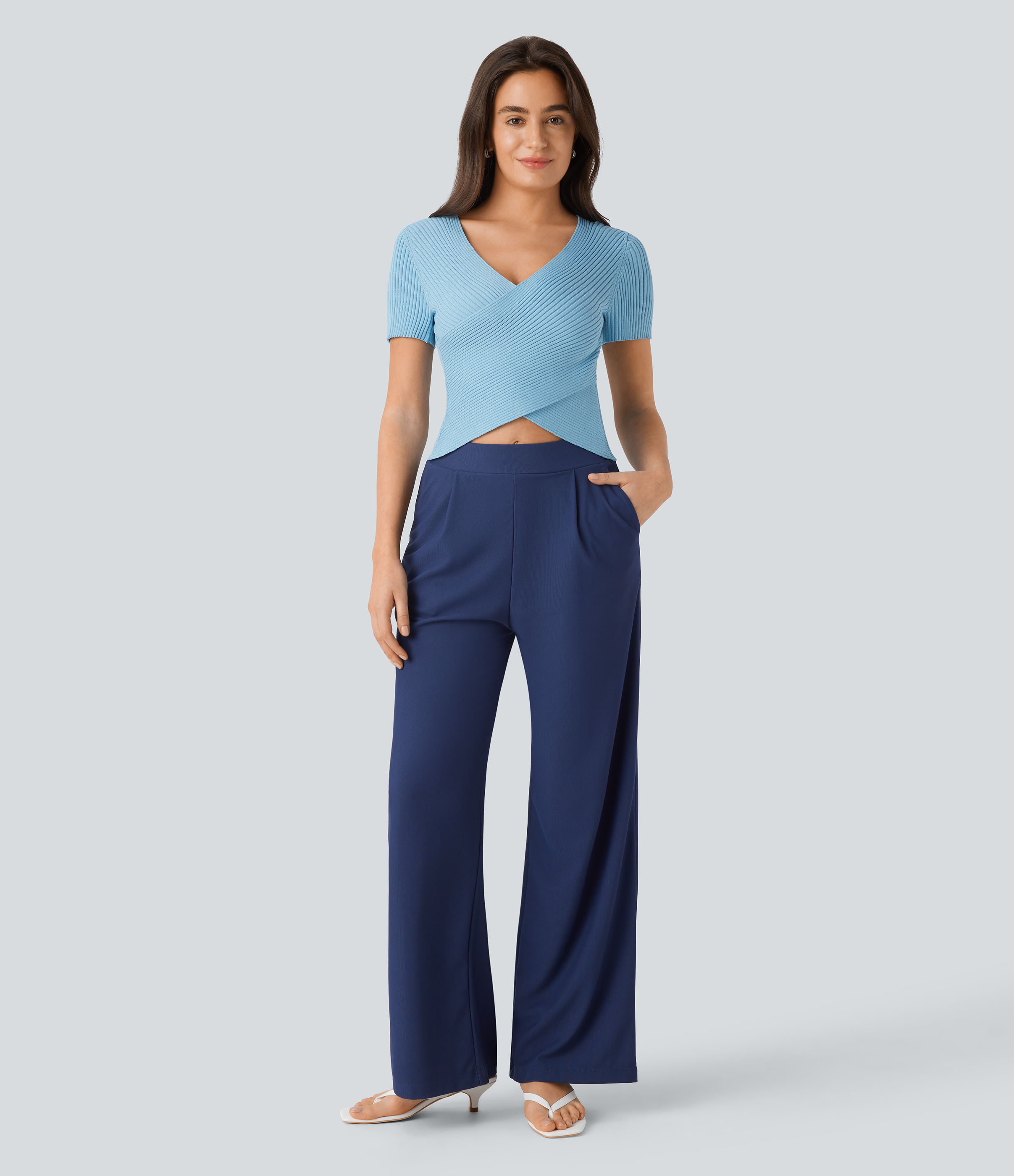 Halara V Neck Short Sleeve Crossover Skinny Casual Sweater  - Pure Blue - XL 