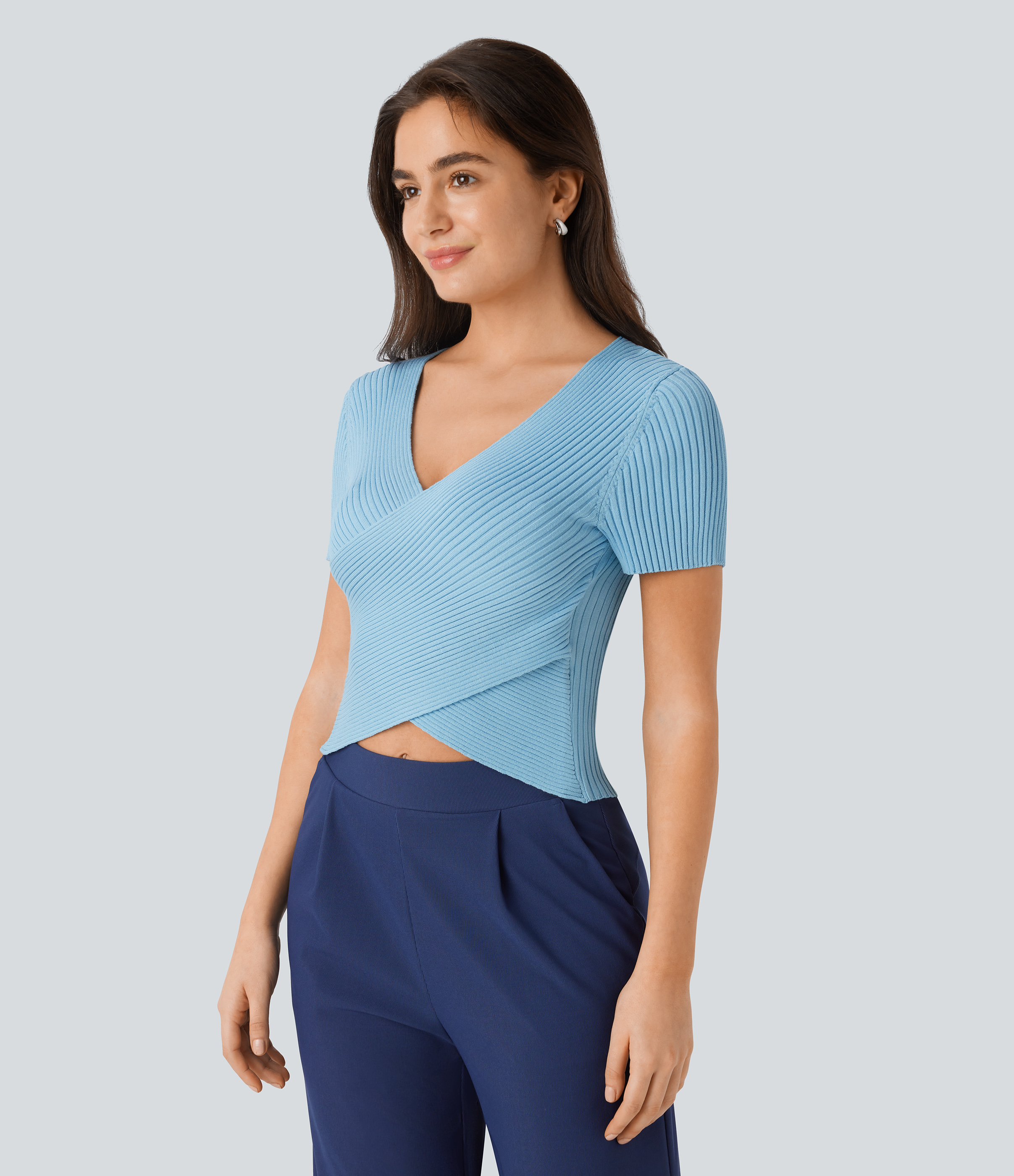 Halara V Neck Short Sleeve Crossover Skinny Casual Sweater  - Pure Blue - XL 
