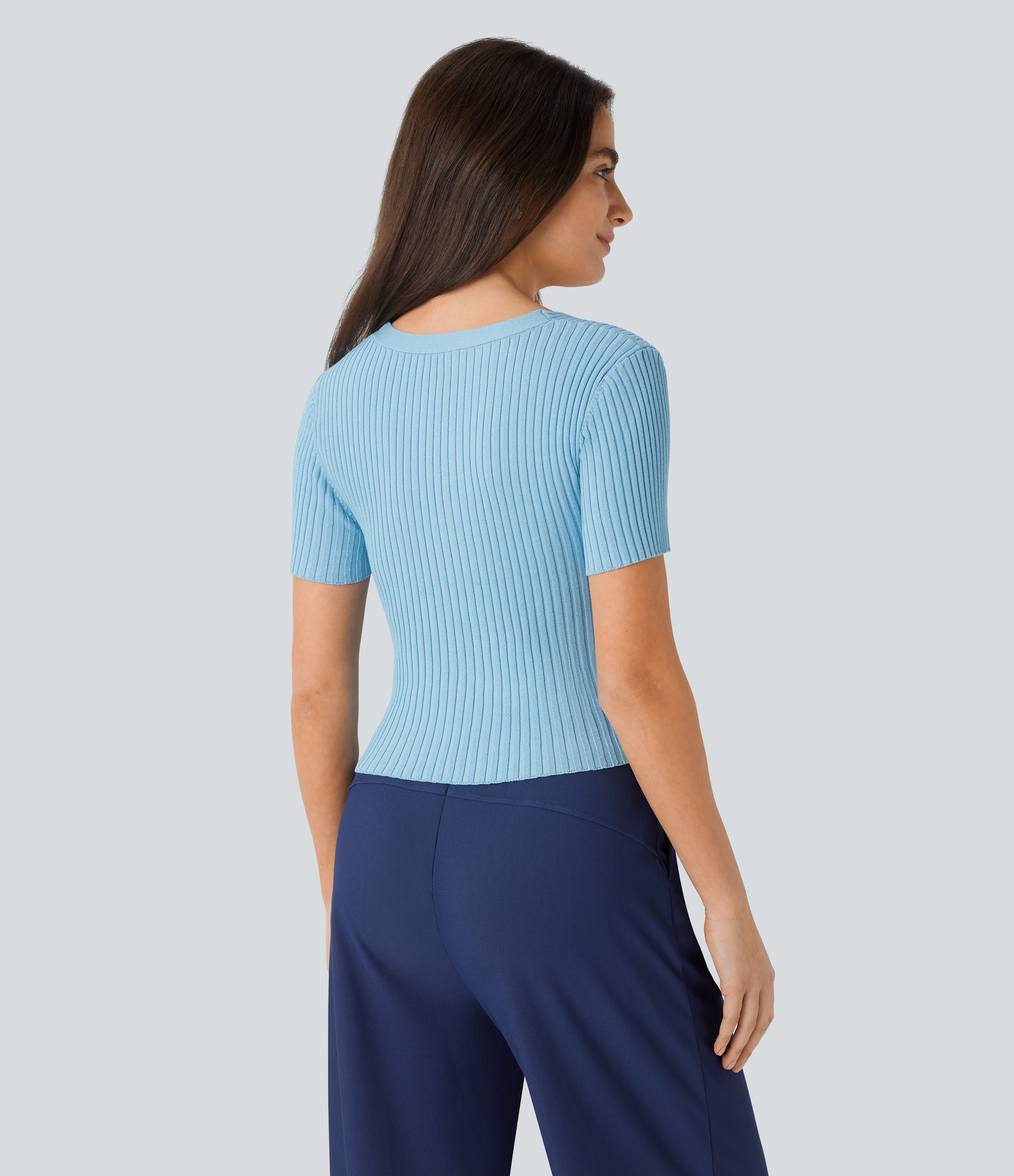 Halara V Neck Short Sleeve Crossover Skinny Casual Sweater  - Pure Blue - XL 