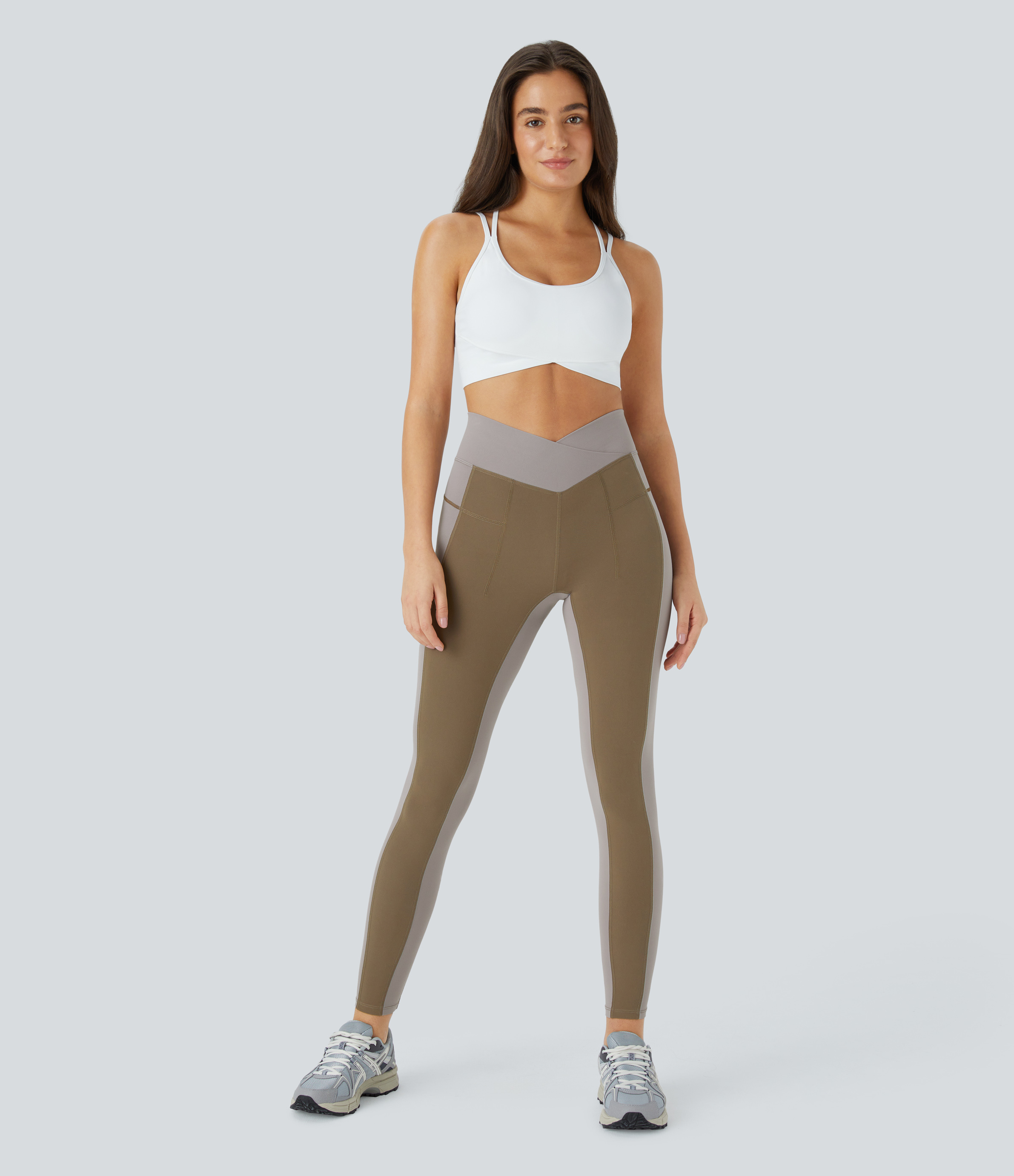 Halara Softlyzeroв„ў Mid Rise Crossover Color Block Back Waistband Pocket 7/8 Yoga Leggings  - Chestnut Brown - M gym leggings 