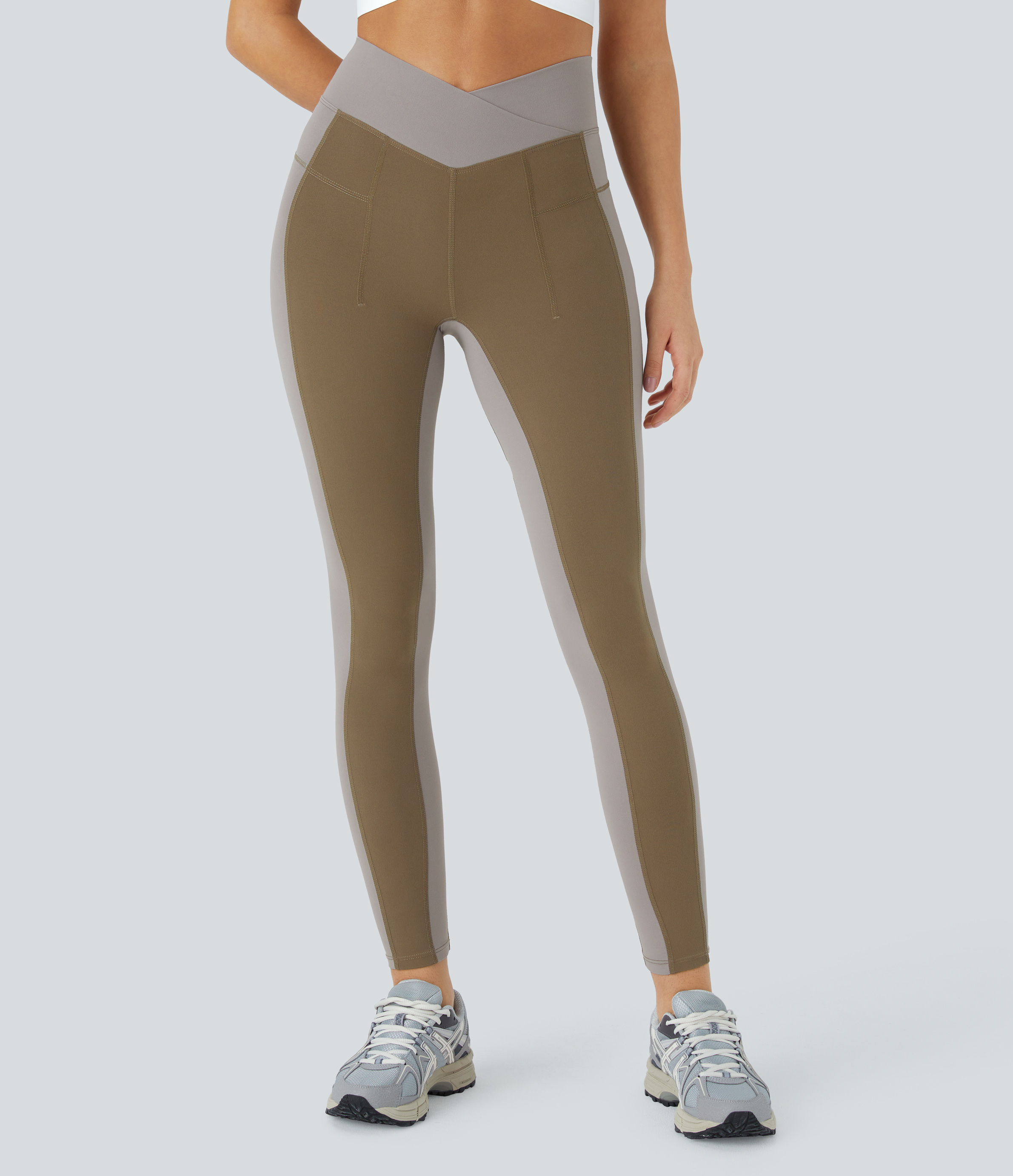 Halara Softlyzeroв„ў Mid Rise Crossover Color Block Back Waistband Pocket 7/8 Yoga Leggings  - Chestnut Brown - M gym leggings 