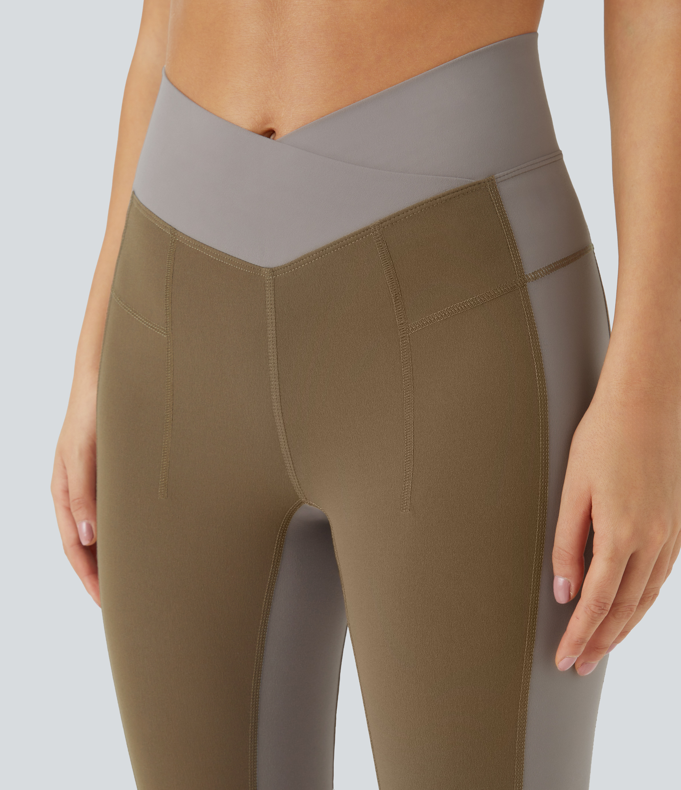 Halara Softlyzeroв„ў Mid Rise Crossover Color Block Back Waistband Pocket 7/8 Yoga Leggings  - Chestnut Brown - M gym leggings 