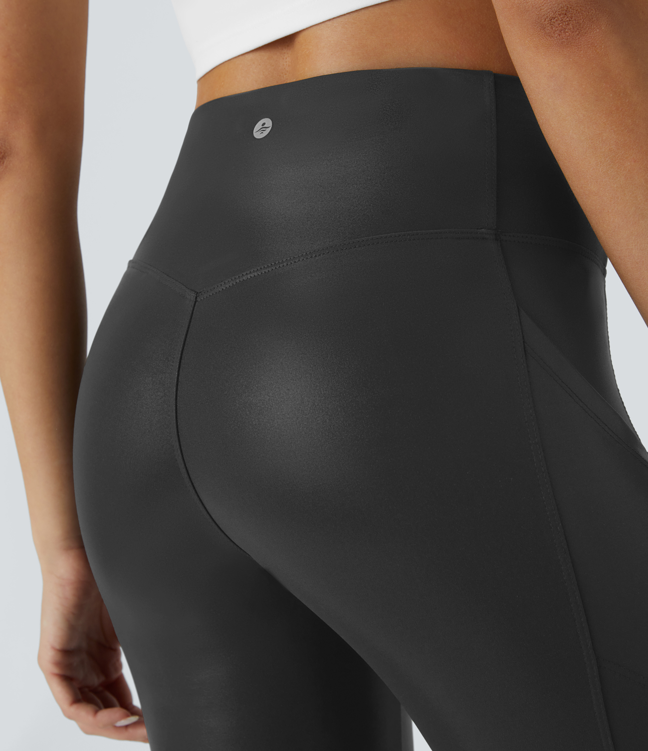 Halara Faux Leather High Waisted Side Pocket Shine Casual Moto Leggings  - Black - M(7/8) gym leggings leggings with pockets 