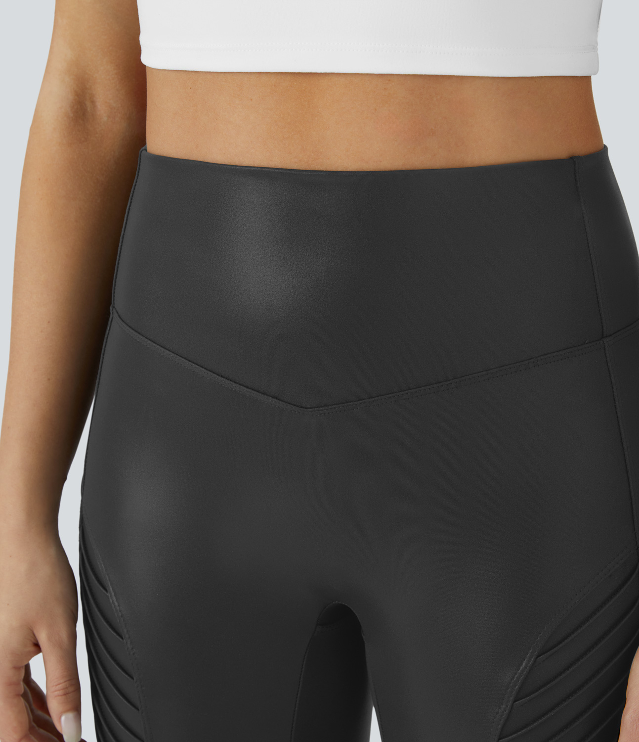Halara Faux Leather High Waisted Side Pocket Shine Casual Moto Leggings  - Black - M(7/8) gym leggings leggings with pockets 