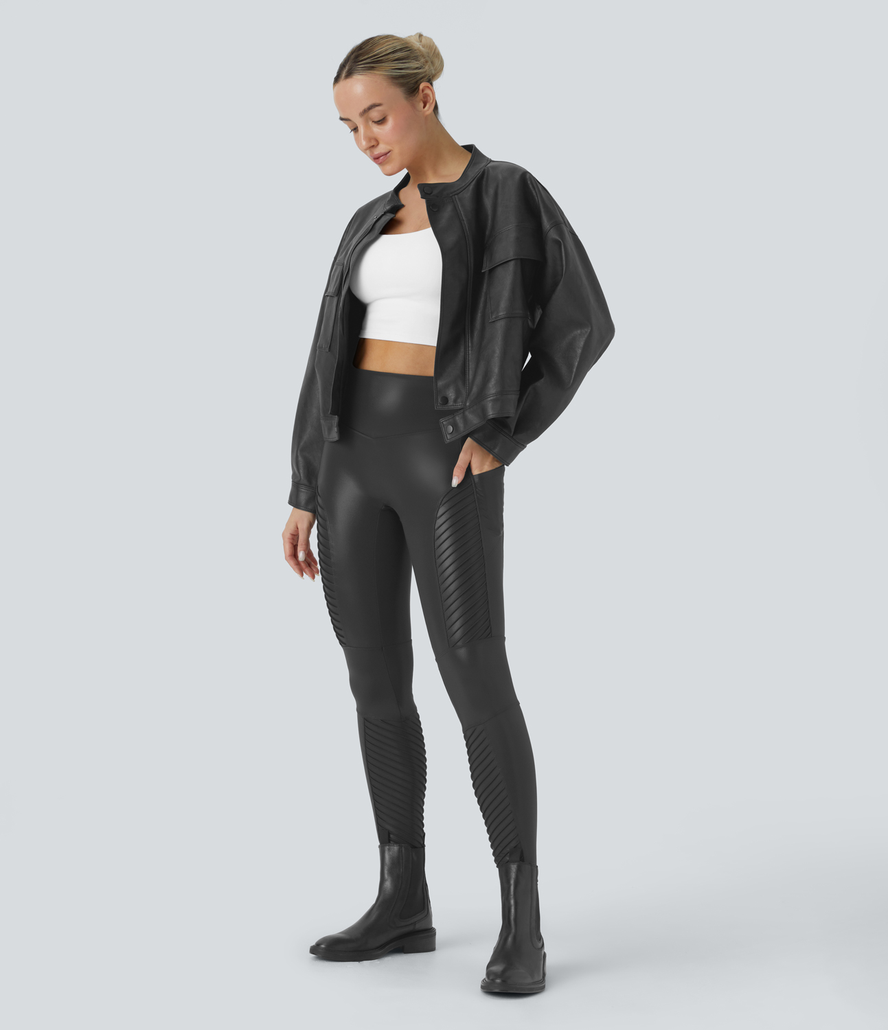Halara Faux Leather High Waisted Side Pocket Shine Casual Moto Leggings  - Black - M(7/8) gym leggings leggings with pockets 