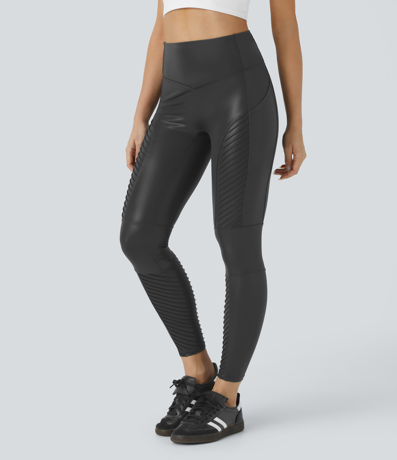 Halara Faux Leather High Waisted Side Pocket Shine Casual Moto Leggings  - Black - M(7/8) gym leggings leggings with pockets 