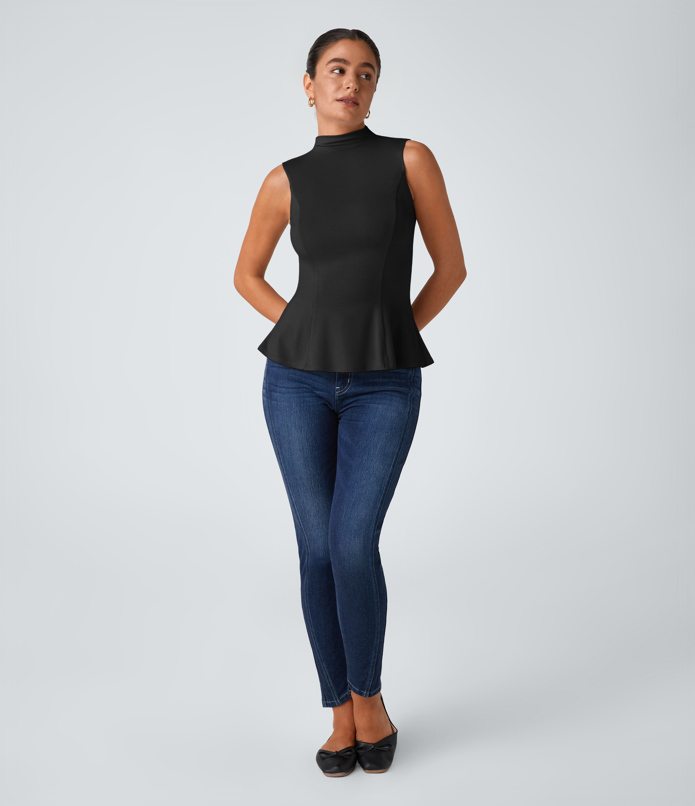 Halara Funnel Neck Peplum Casual Tank Top Tank Top - Black - M golf tops halter top tunic tops sleeveless tops backless top 