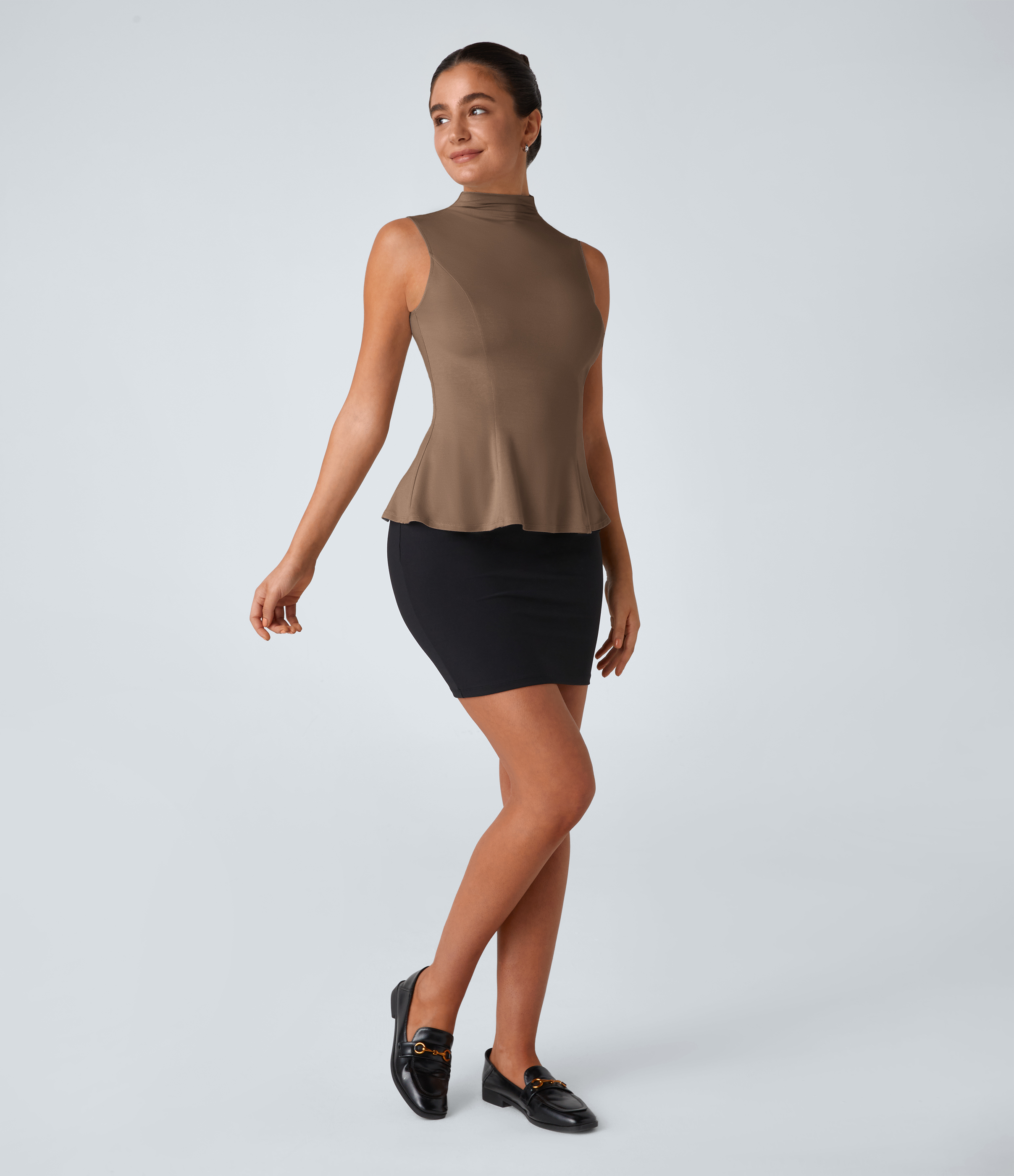 Halara Funnel Neck Peplum Casual Tank Top Tank Top - Camellia Brown - M golf tops halter top tunic tops sleeveless tops backless top 