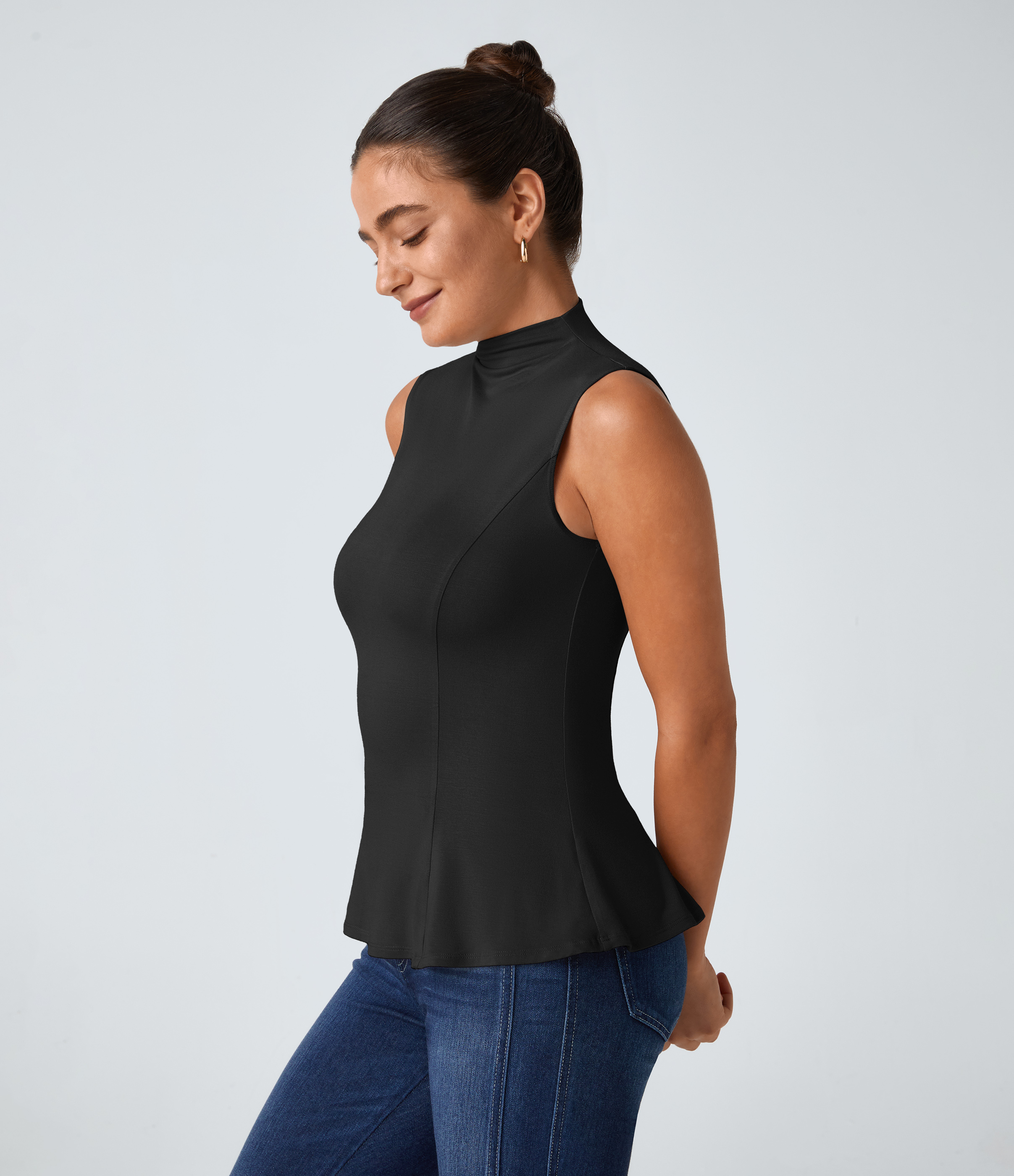 Halara Funnel Neck Peplum Casual Tank Top Tank Top - Black - M golf tops halter top tunic tops sleeveless tops backless top 