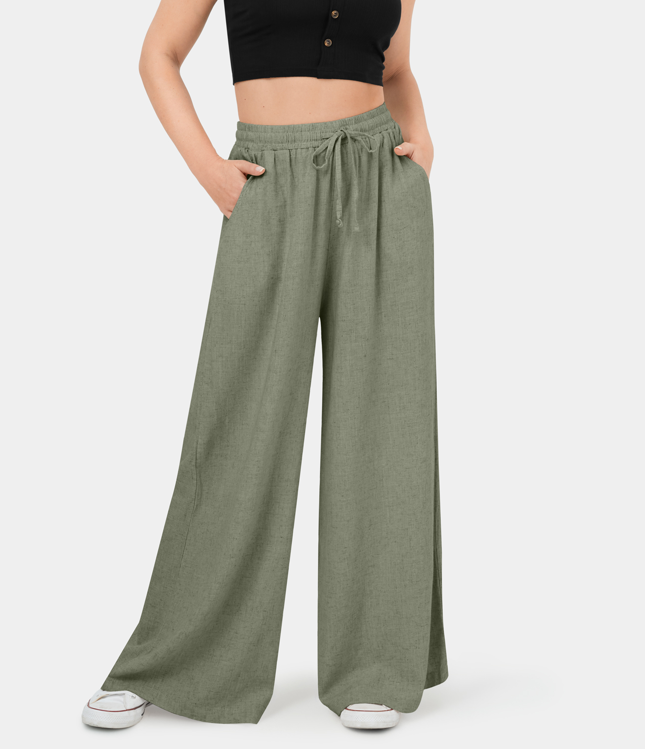 Halara Elastic Waistband Drawstring Side Pocket Wide Leg Casual Cotton Pants  - Dark Grey Green - XL sweatpants jogger pants 