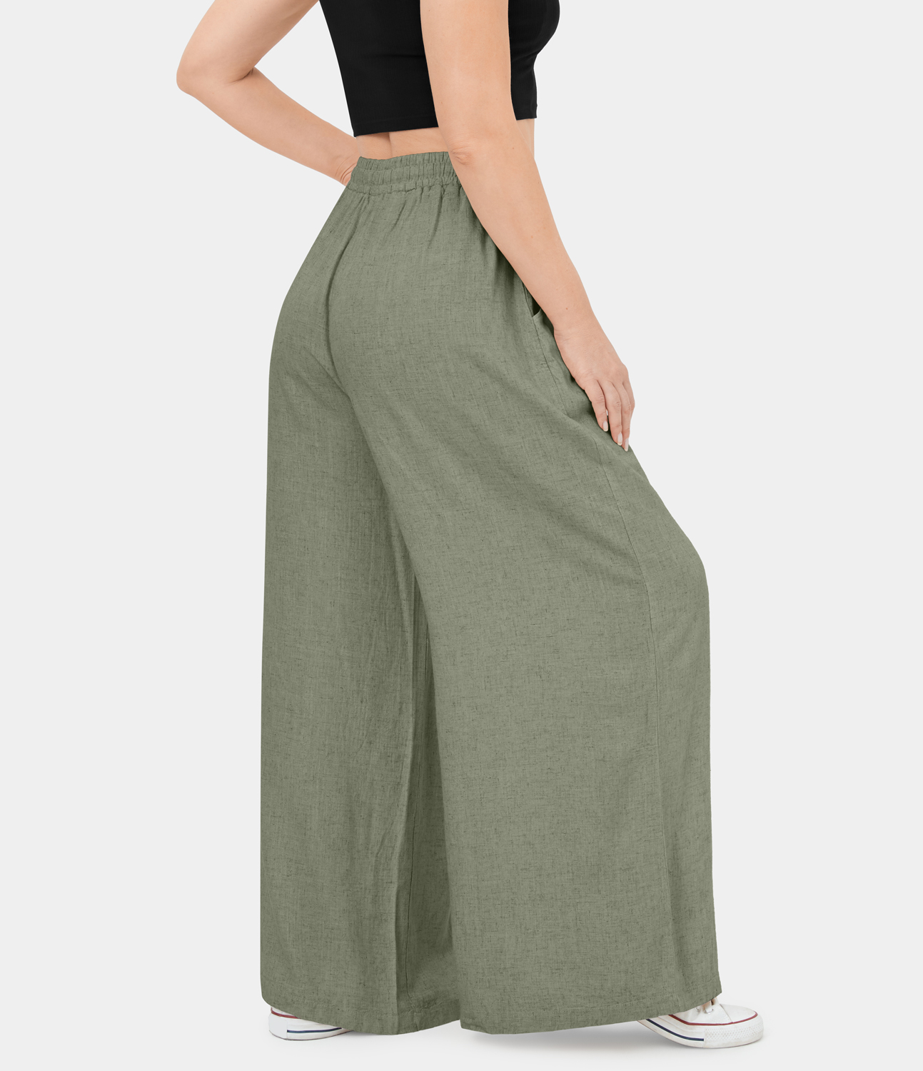 Halara Elastic Waistband Drawstring Side Pocket Wide Leg Casual Cotton Pants  - Dark Grey Green - XL sweatpants jogger pants 