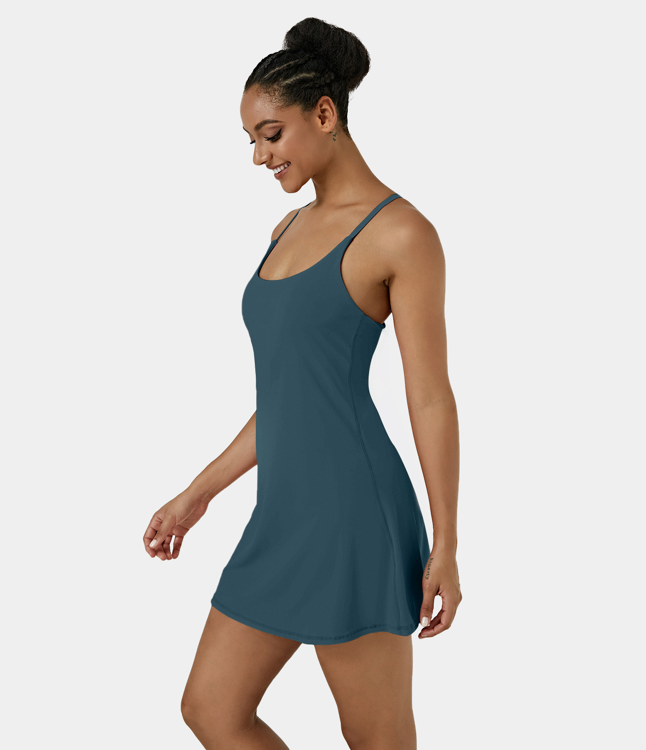 Halara Softlyzeroв„ў Airy Backless 2-in-1 Pocket Cool Touch Mini Slip Pickleball Active Dress Workout Dress - Ink Green - L 