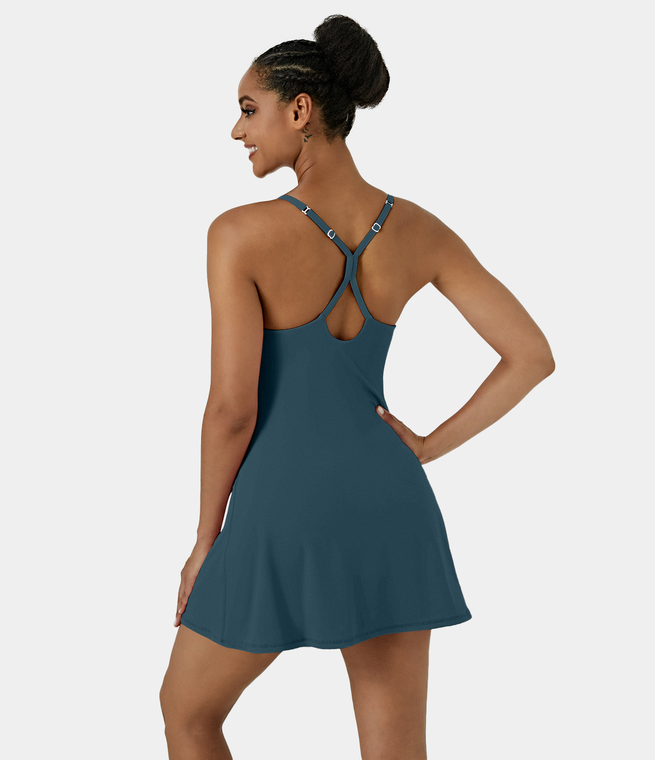 Halara Softlyzeroв„ў Airy Backless 2-in-1 Pocket Cool Touch Mini Slip Pickleball Active Dress Workout Dress - Ink Green - L 