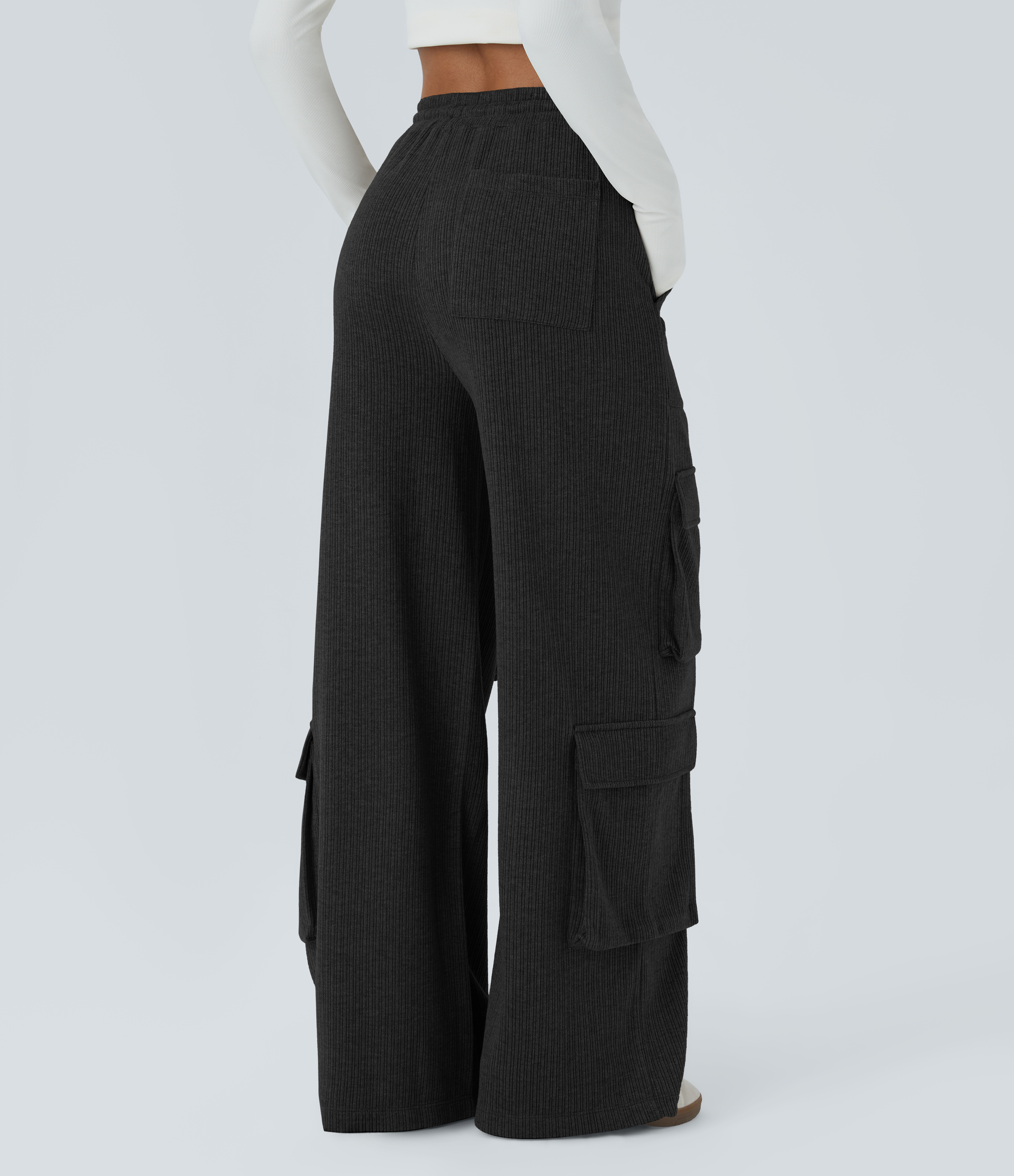 Black Casual ribbed cargo pants with a mid-rise waist, side pockets, a drawstring, and wide legs. / 2
