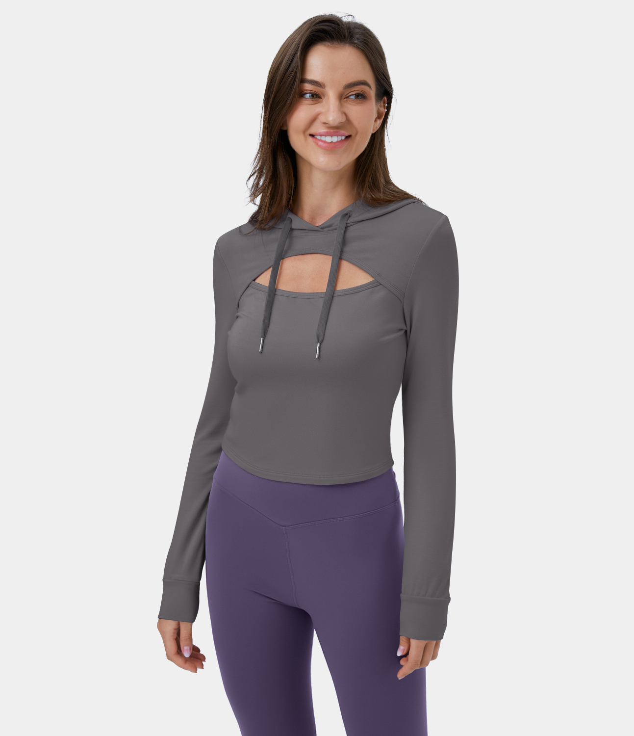 Halara Hooded Drawstring Cut Out Casual Hoodie Sweatshirt  - Granite Gray - L 