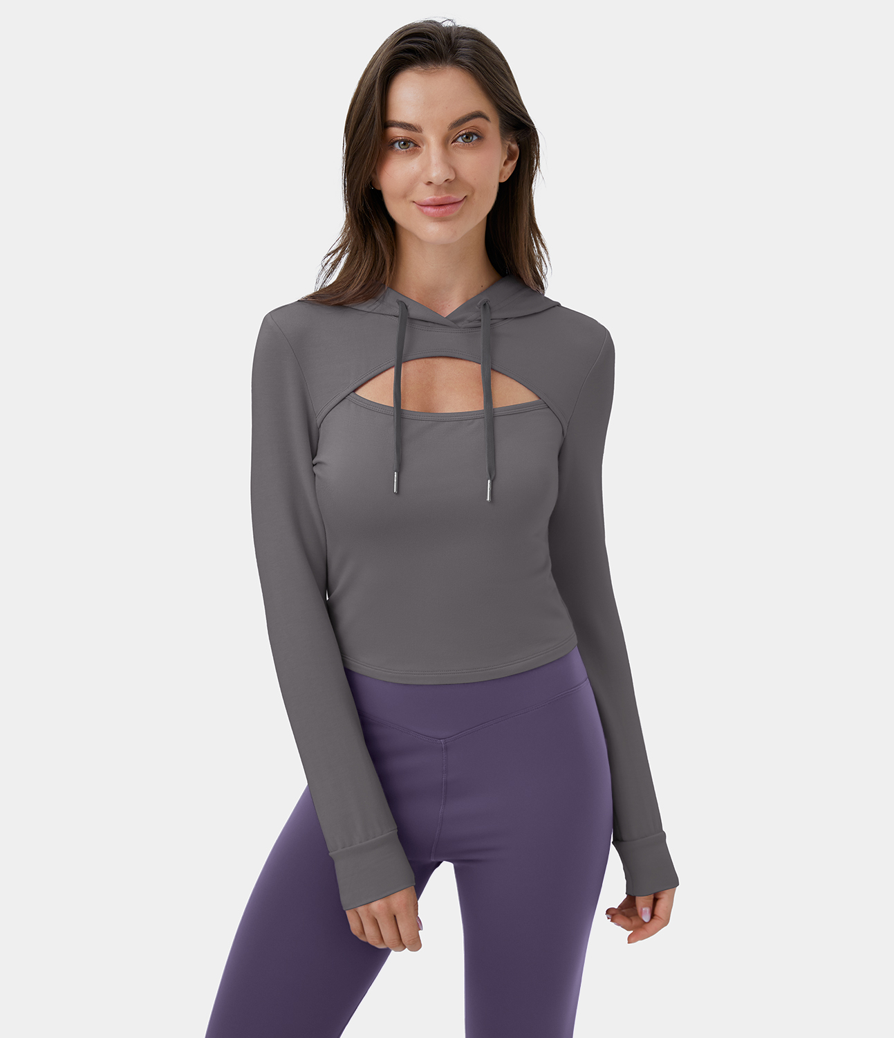 Halara Hooded Drawstring Cut Out Casual Hoodie Sweatshirt  - Granite Gray - L 