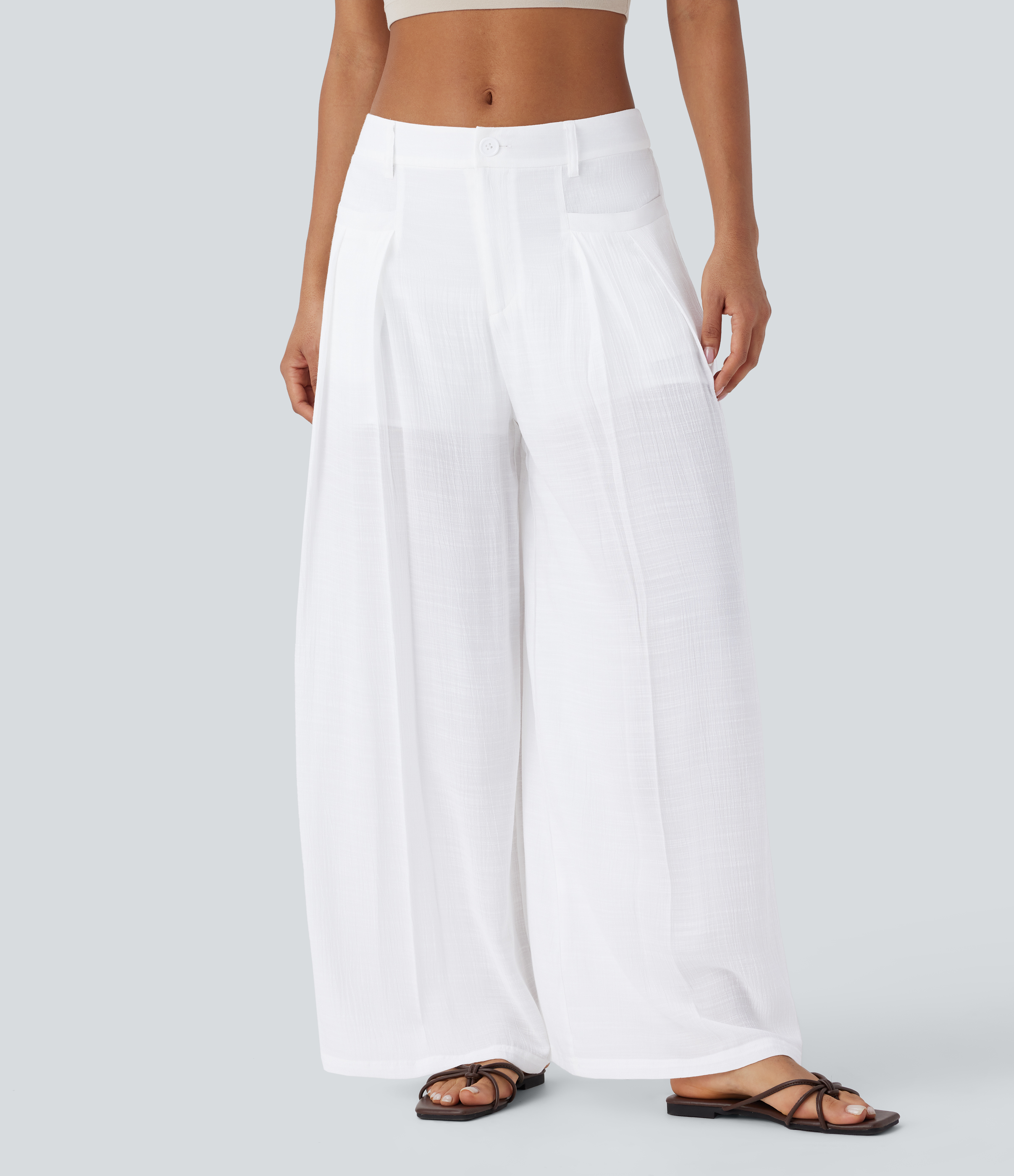 Halara Low Rise Button Zipper Multiple Pockets Wide Leg 2-in-1 Resort Pants  - White - XL(regular) sweatpants jogger pants stacked sweatpants 