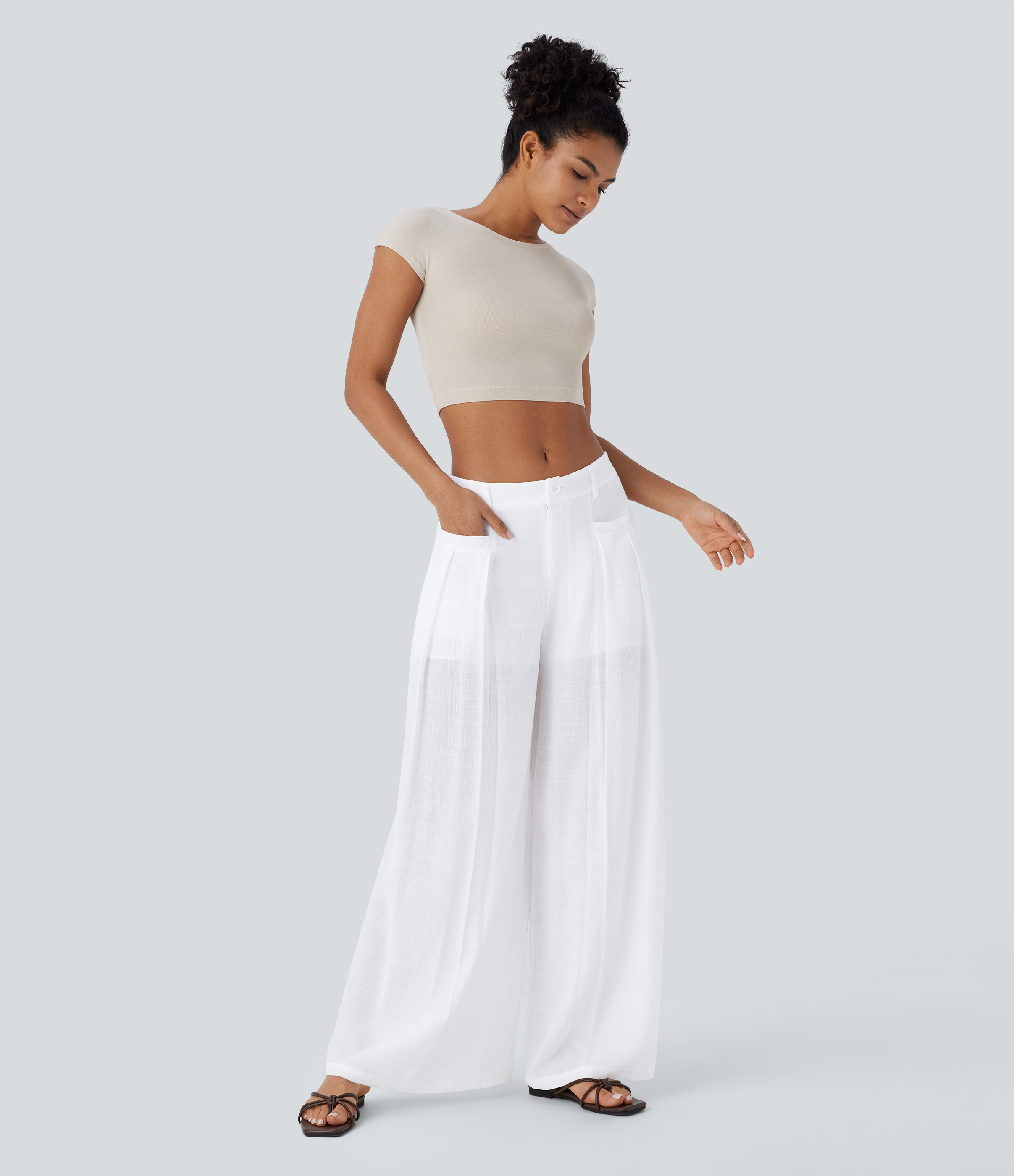 Halara Low Rise Button Zipper Multiple Pockets Wide Leg 2-in-1 Resort Pants  - White - XL(regular) sweatpants jogger pants stacked sweatpants 