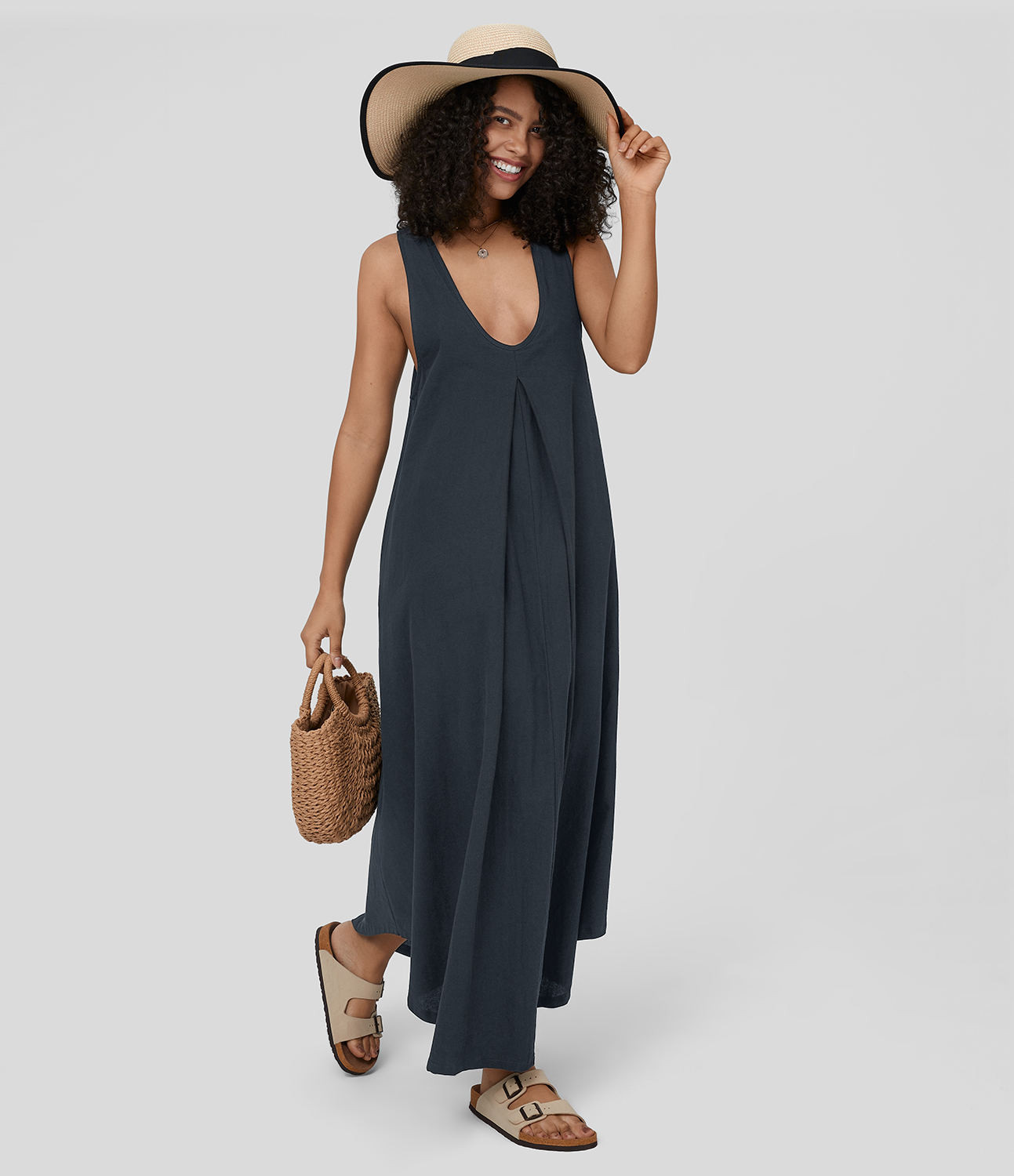 Halara U Neck Sleeveless Plicated Side Pocket Flowy Maxi Casual Linen-Feel Dress Casual Dress - Total Eclipse - M slip dress beach dress 