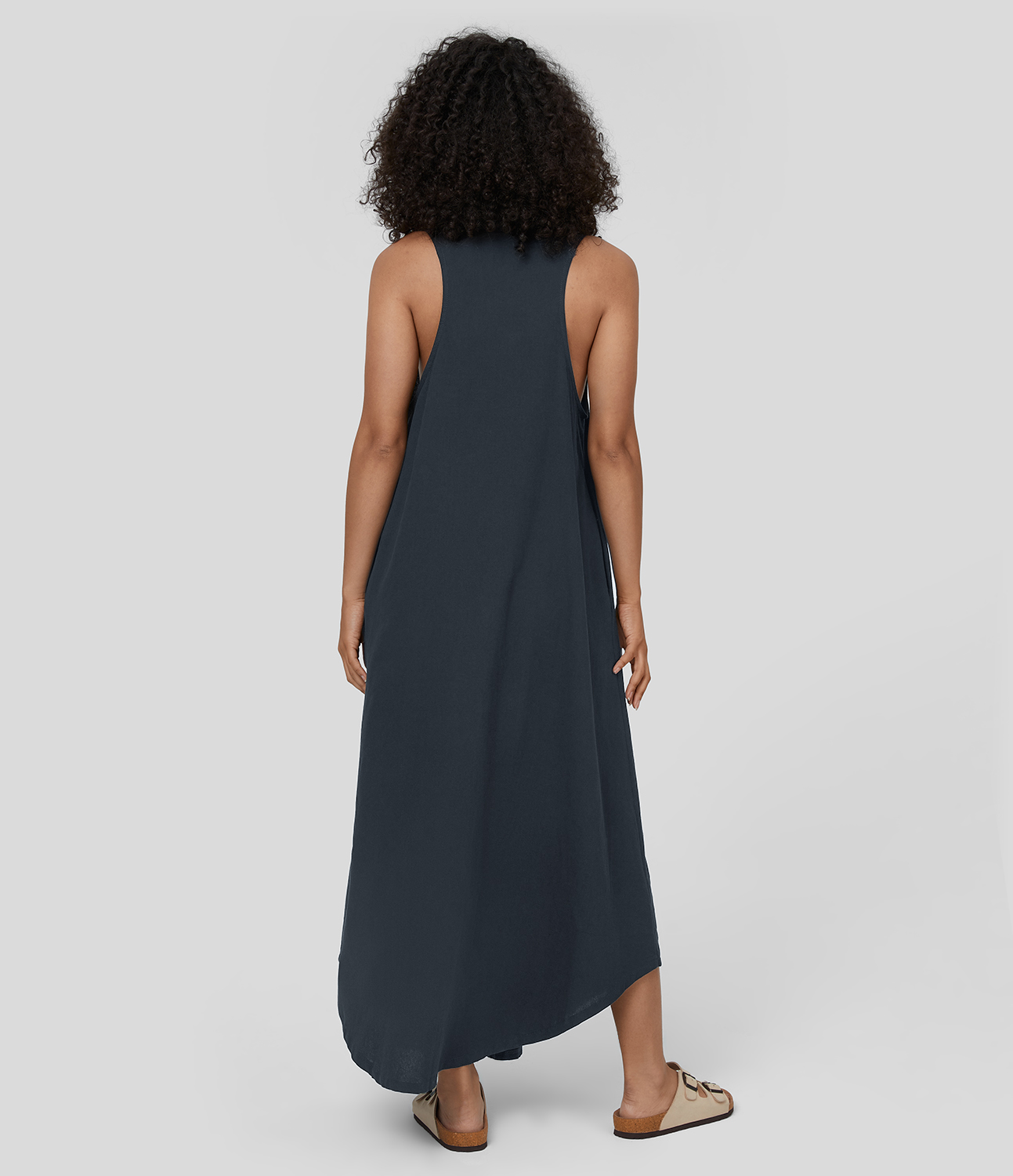 Halara U Neck Sleeveless Plicated Side Pocket Flowy Maxi Casual Linen-Feel Dress Casual Dress - Total Eclipse - M slip dress beach dress 