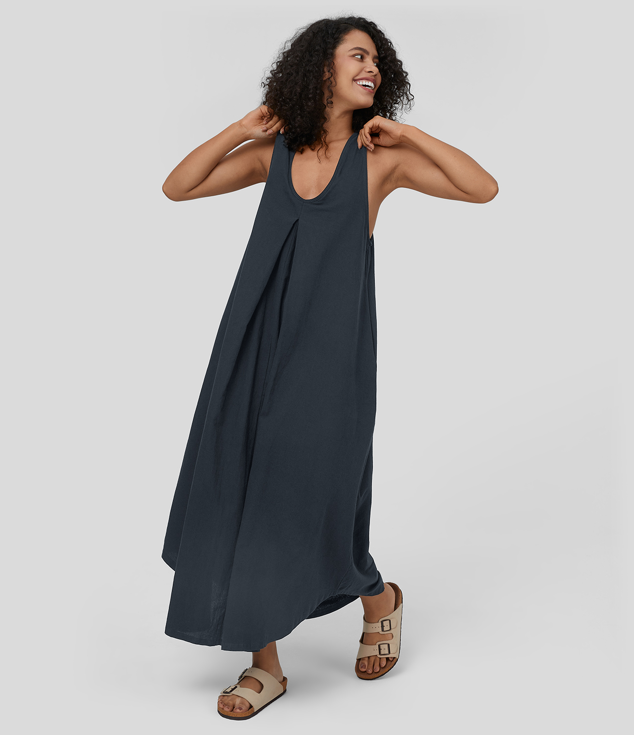 Halara U Neck Sleeveless Plicated Side Pocket Flowy Maxi Casual Linen-Feel Dress Casual Dress - Total Eclipse - M slip dress beach dress 
