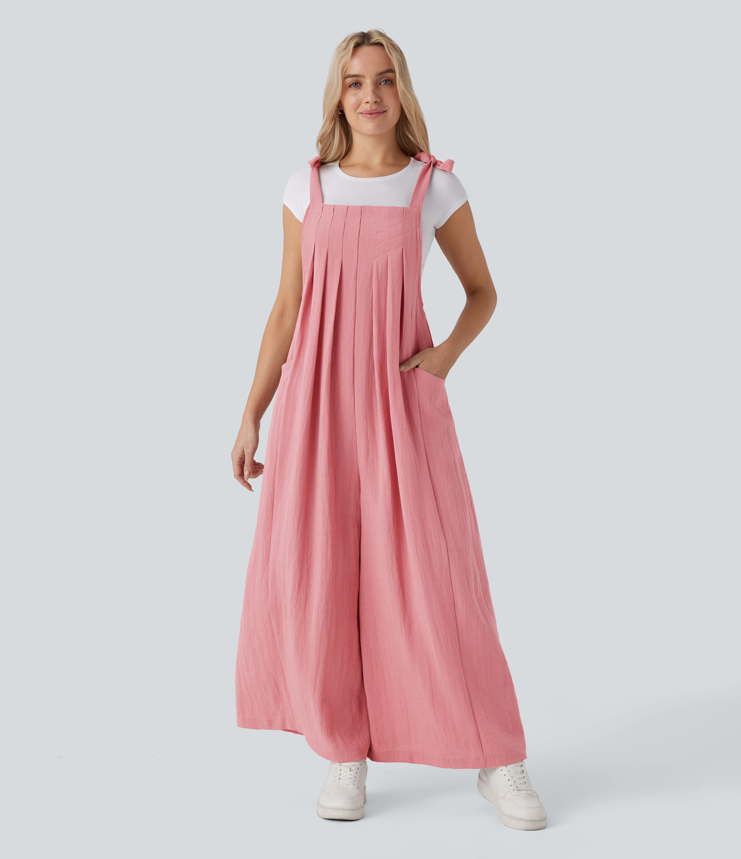 Adjustable Tie Pocket Flowy Casual Linen-Feel Jumpsuit