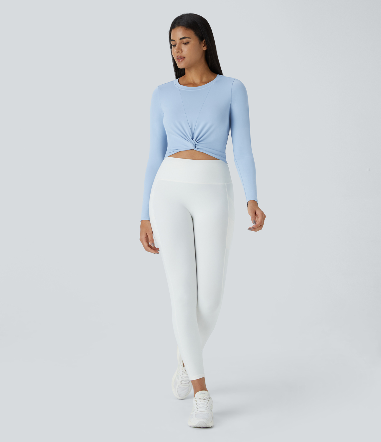 Halara Round Neck Long Sleeve Twisted Hem Slim Cropped Yoga Sports Top  - Cool Ice Blue - XL 