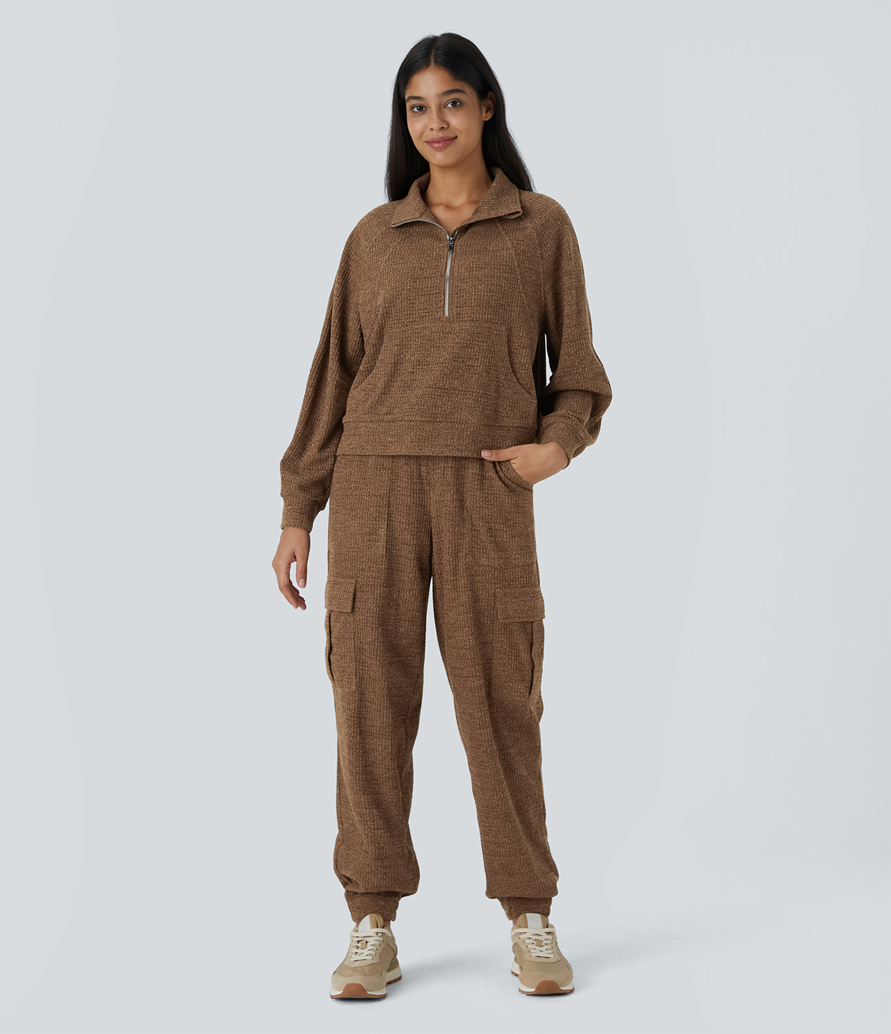 Halara Collared Half Zip Kangaroo Pocket Long Sleeve Knit Waffle Casual Sweatshirt  - Toffee - XL 