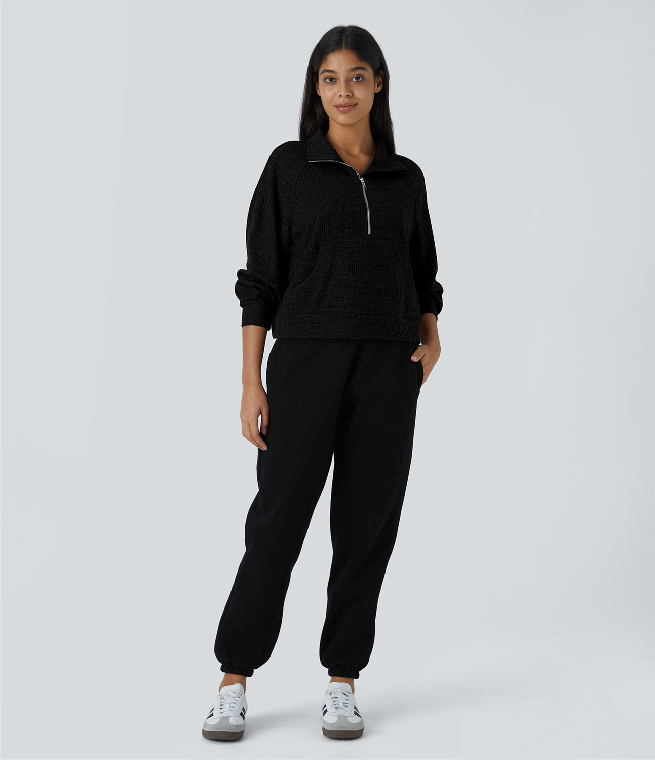 Halara Collared Half Zip Kangaroo Pocket Long Sleeve Knit Waffle Casual Sweatshirt  - Black - XL 