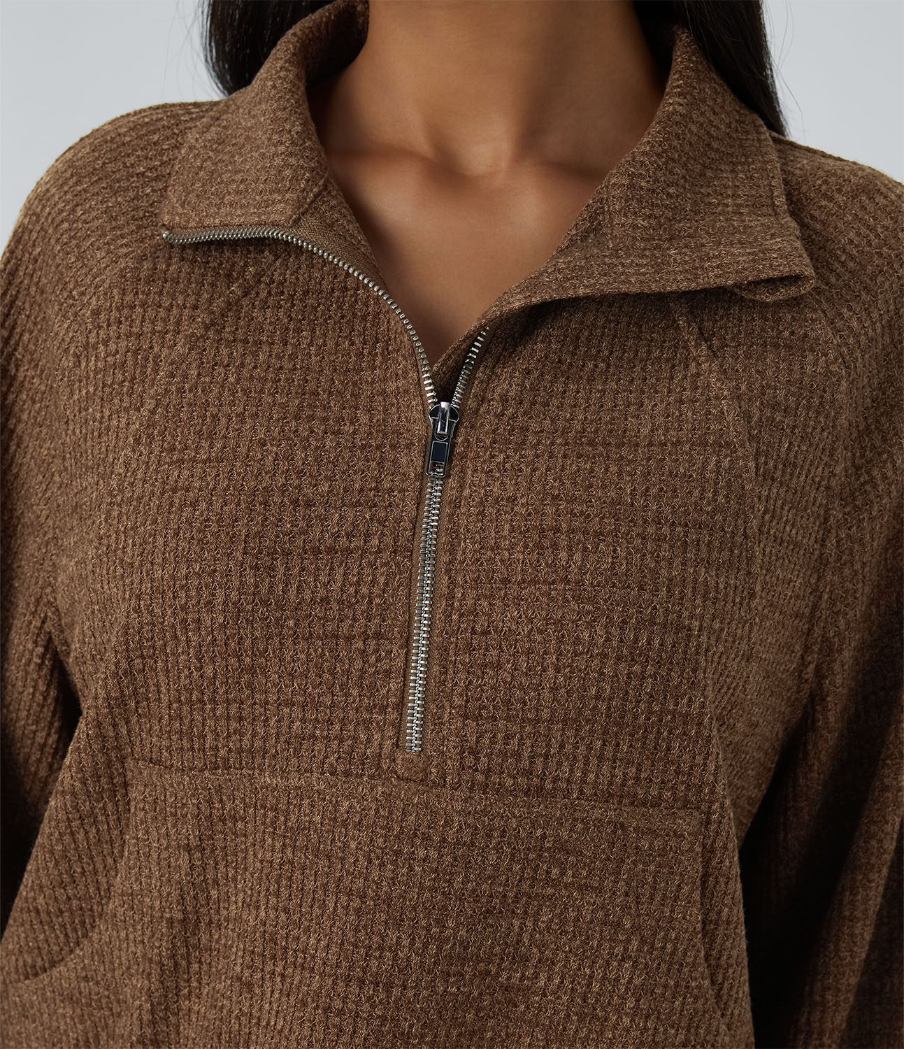 Halara Collared Half Zip Kangaroo Pocket Long Sleeve Knit Waffle Casual Sweatshirt  - Toffee - XL 