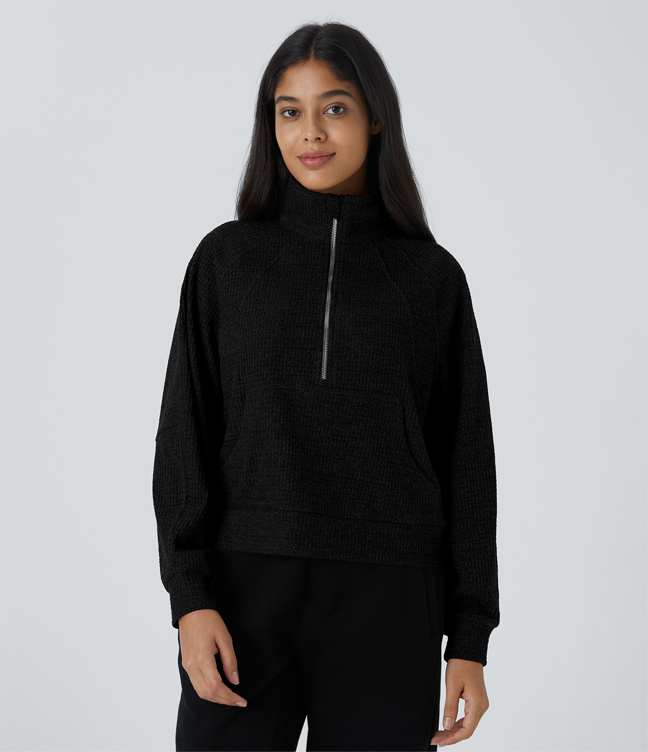 Halara Collared Half Zip Kangaroo Pocket Long Sleeve Knit Waffle Casual Sweatshirt  - Black - XL 