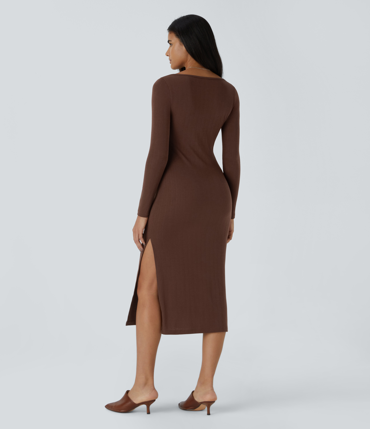 Halara U Neck Button Long Sleeve Bodycon Split Midi Casual Dress Casual Dress - Chocolate Fondant - XS slip dress beach dress ruched dress 