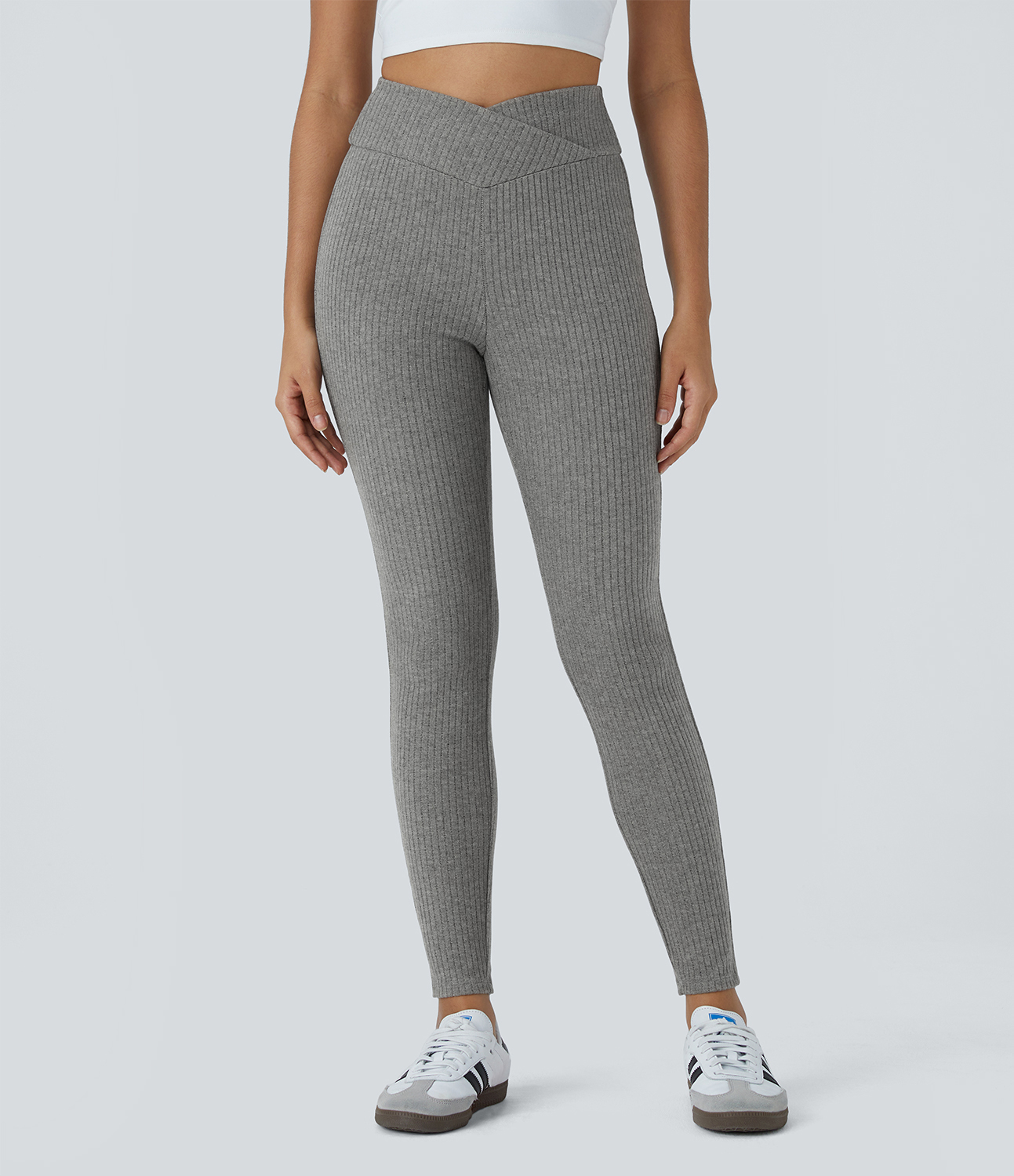Halara Ribbed Knit Crossover High Waisted 7/8 Casual Leggings  - Dark Mottled Grey - M(7/8) 
