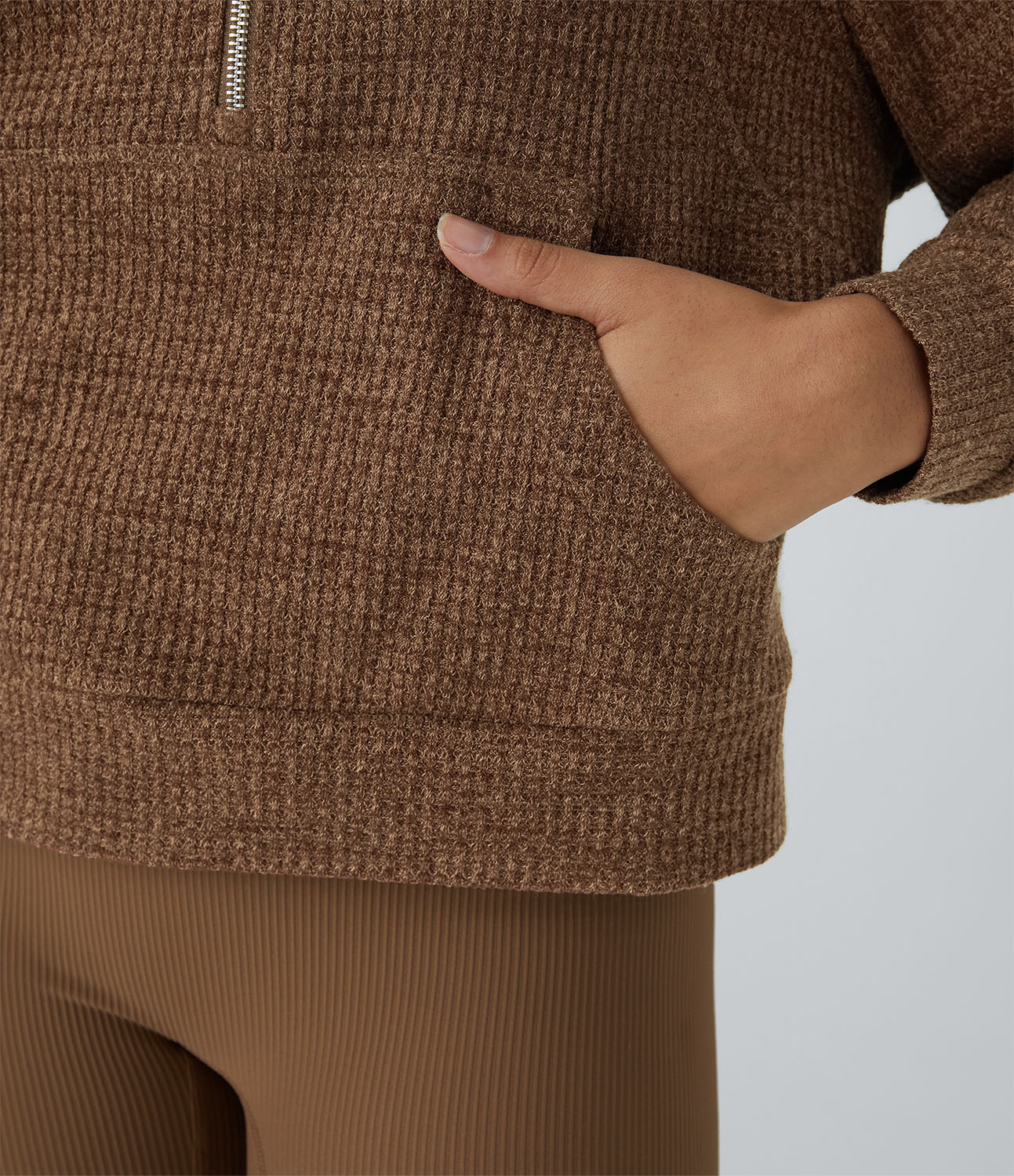 Halara Collared Half Zip Kangaroo Pocket Long Sleeve Knit Waffle Casual Sweatshirt  - Toffee - XL 