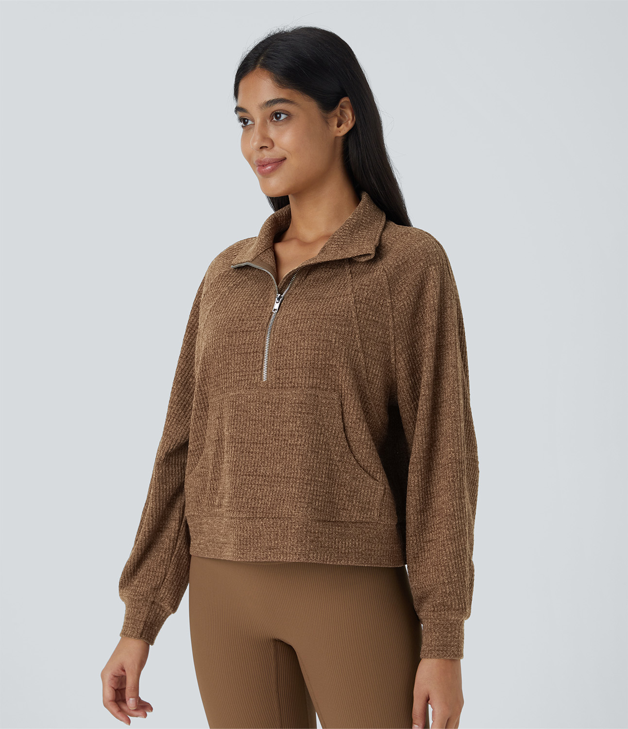 Halara Collared Half Zip Kangaroo Pocket Long Sleeve Knit Waffle Casual Sweatshirt  - Toffee - XL 
