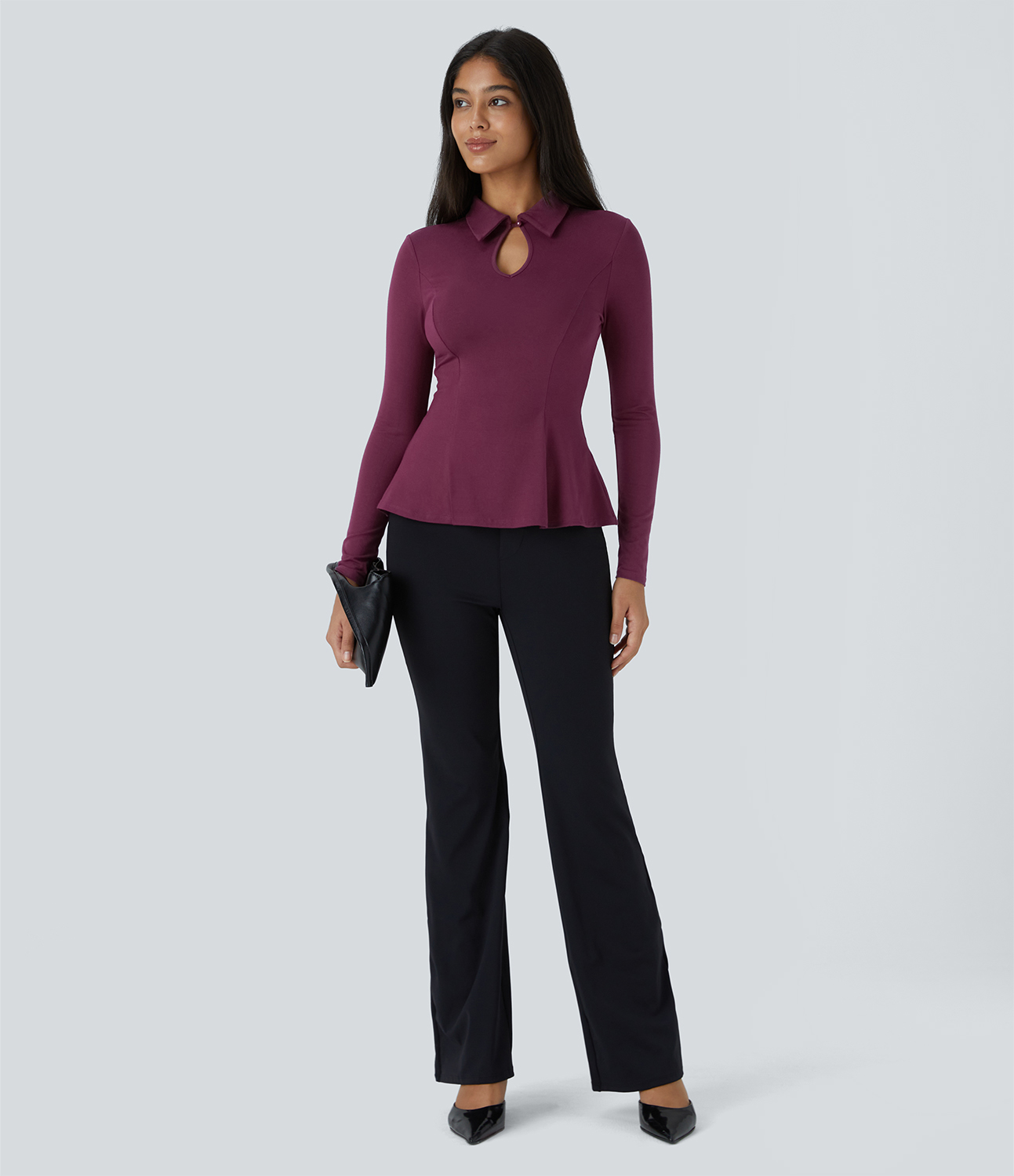 Halara Collared Cut Out Button Long Sleeve Slim Peplum Work Top Tank Top - Red Violet - S golf tops halter top tunic tops sleeveless tops 