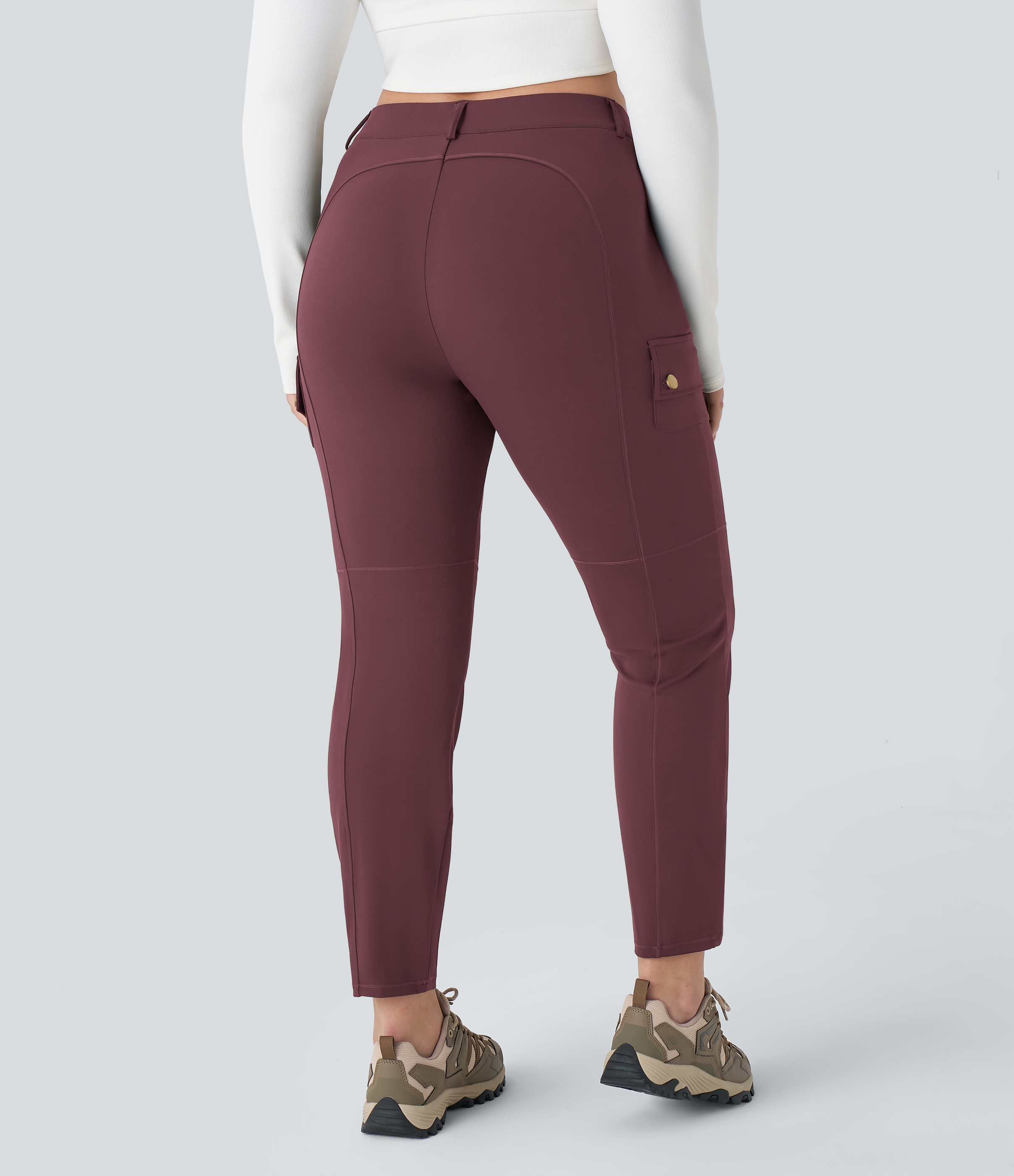 Halara High Waisted Button Zipper Multiple Pockets Solid Slim Hiking Plus Size Cargo Pants  - Red Mahogany - 3X(regular) 