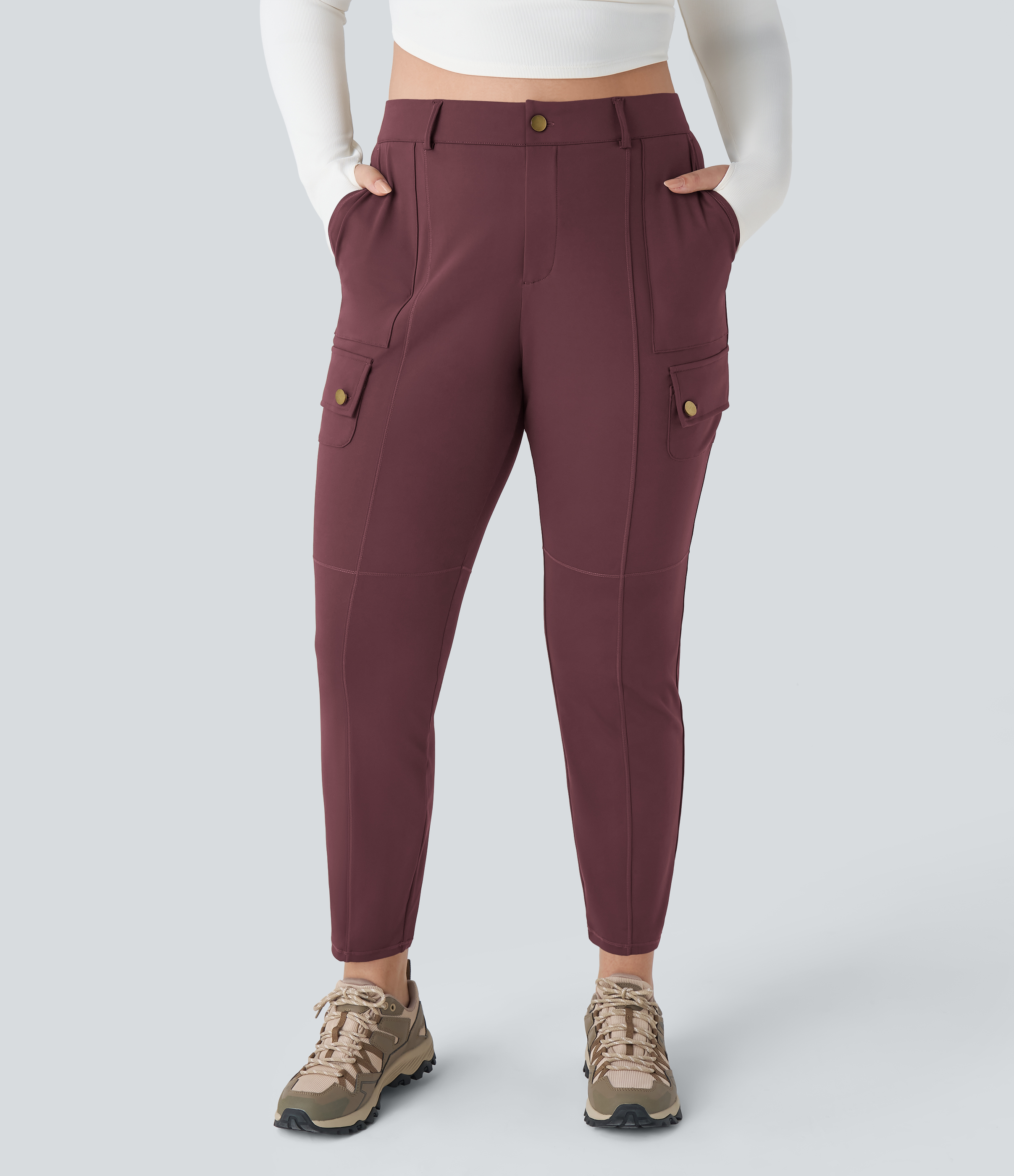 Halara High Waisted Button Zipper Multiple Pockets Solid Slim Hiking Plus Size Cargo Pants  - Red Mahogany - 3X(regular) 