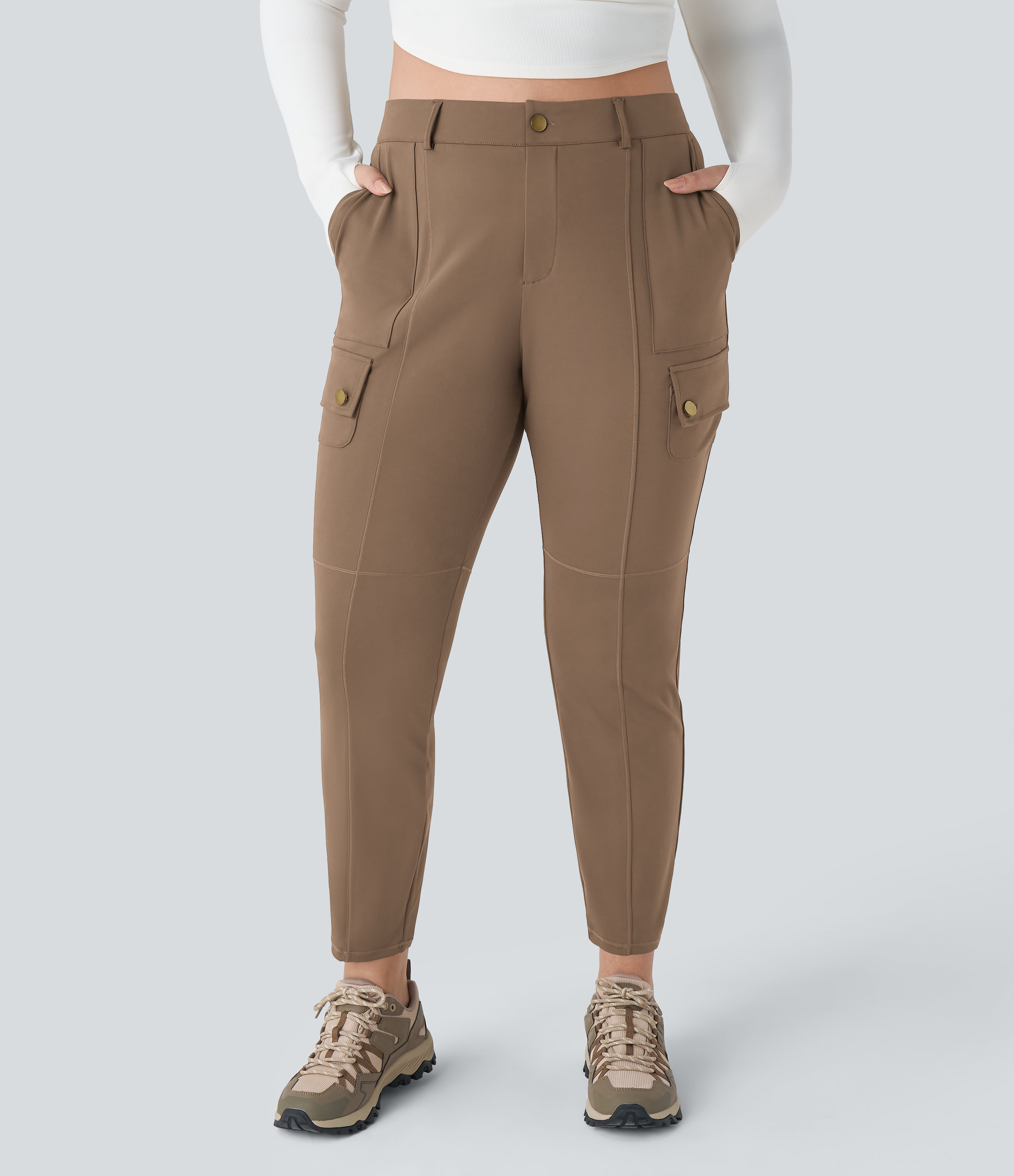 Halara High Waisted Button Zipper Multiple Pockets Solid Slim Hiking Plus Size Cargo Pants  - Burro - 2X(regular) 