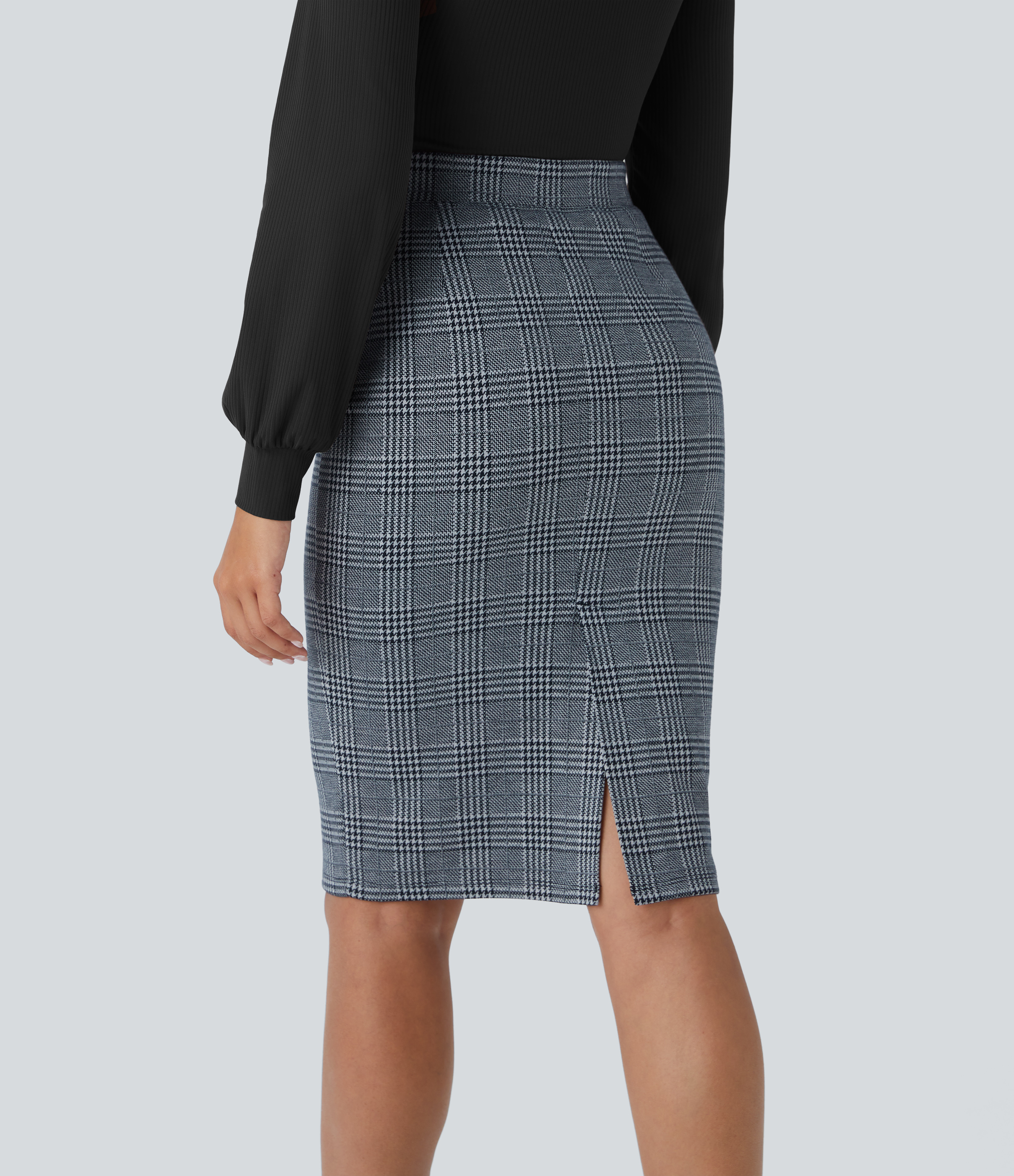 Halara High Waisted Split Hem Houndstooth Plaid Work Pencil Skirt  - Navy Blue Houndstooth Plaid - XS(regular) 