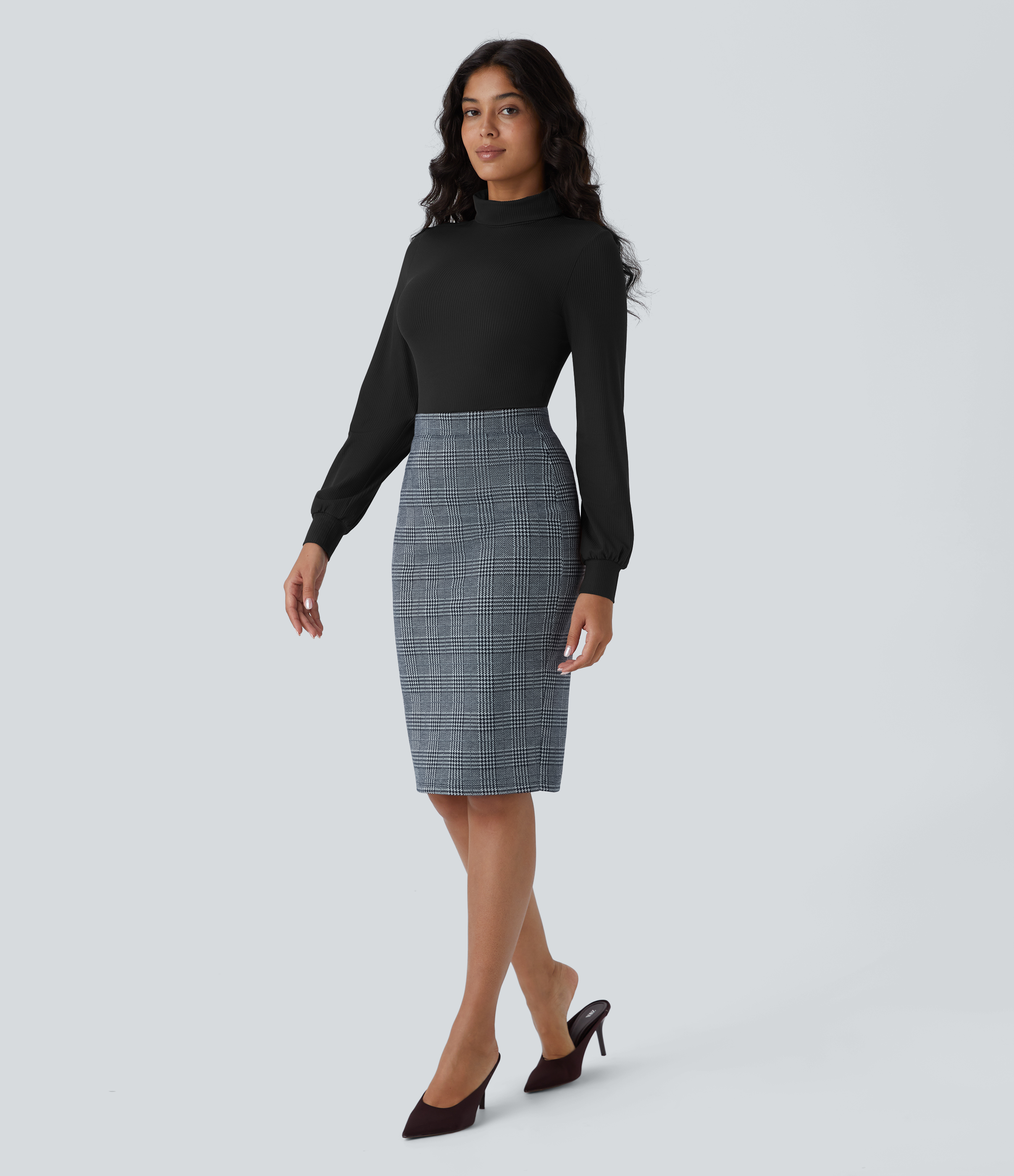 Halara High Waisted Split Hem Houndstooth Plaid Work Pencil Skirt  - Navy Blue Houndstooth Plaid - XS(regular) 