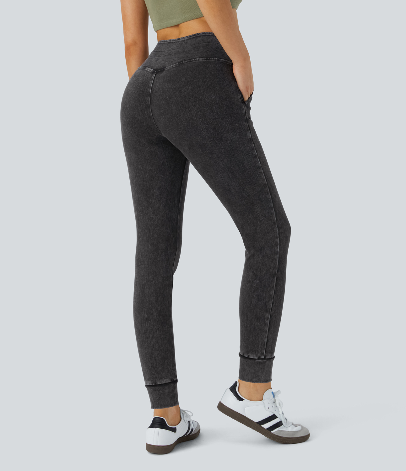 Halara HalaraMagicв„ў High Waisted Drawstring Side Pocket Washed Stretchy Knit Denim Casual Joggers  - Washed Denim Black - XS 