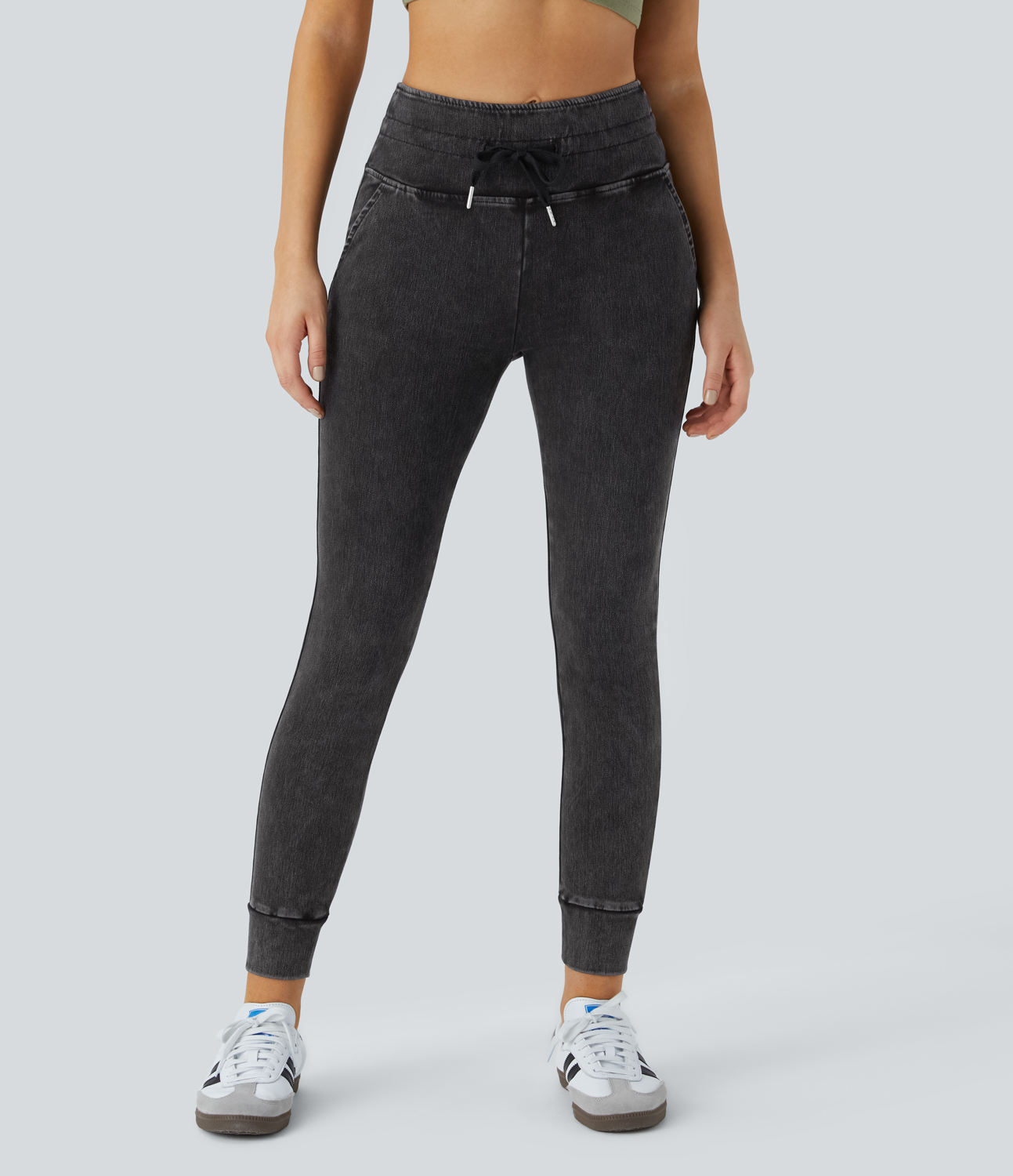 Halara HalaraMagicв„ў High Waisted Drawstring Side Pocket Washed Stretchy Knit Denim Casual Joggers  - Washed Denim Black - XS 