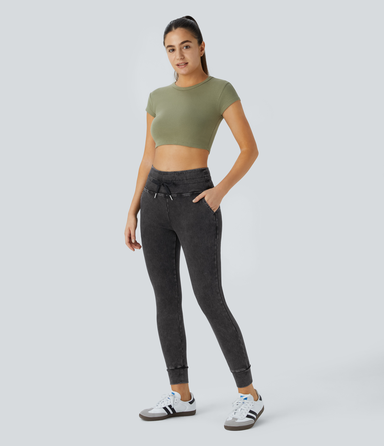 Halara HalaraMagicв„ў High Waisted Drawstring Side Pocket Washed Stretchy Knit Denim Casual Joggers  - Washed Denim Black - XS 