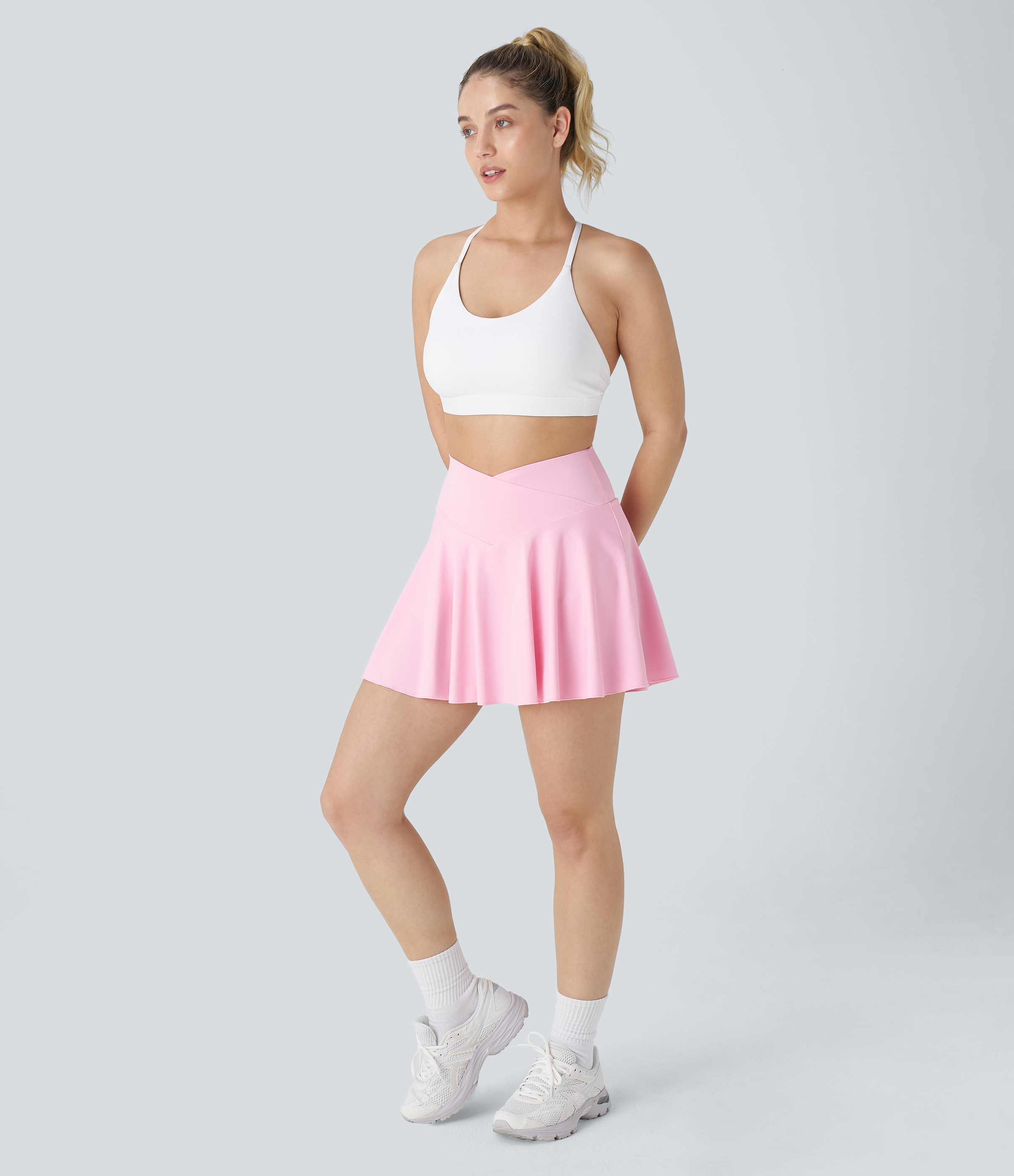 Halara Softlyzeroв„ў Airy Comfy High Waisted Crossover 2-in-1 Side Pocket Flare Cool Touch Tennis Skirt-Longer Length-UPF50+  - Nosegay - M(Long) 