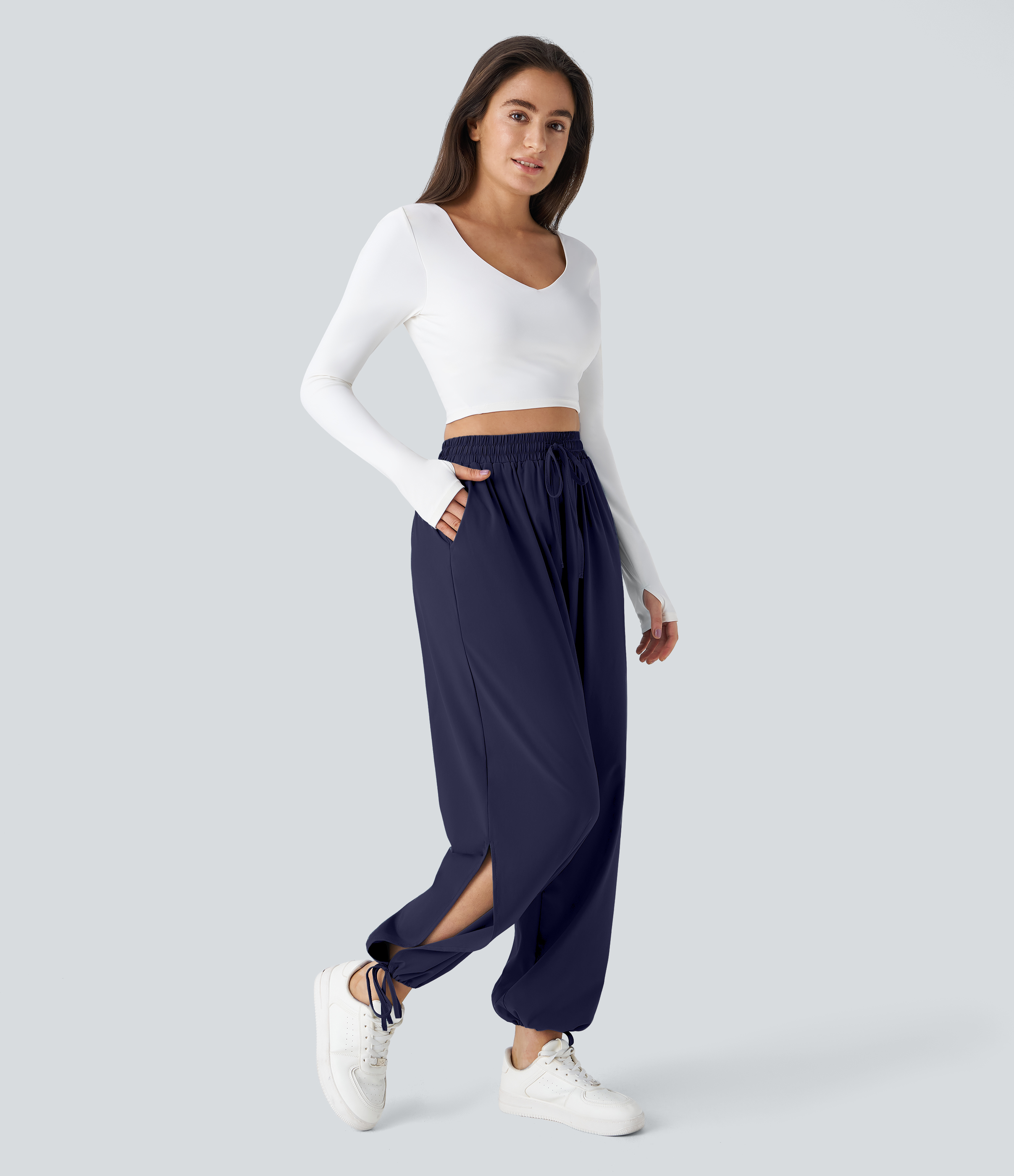 Halara Breezefulв„ў High Waisted Drawstring Side Pocket Split Hem Quick Dry Casual Joggers  - Black Diamond Blue - XS 