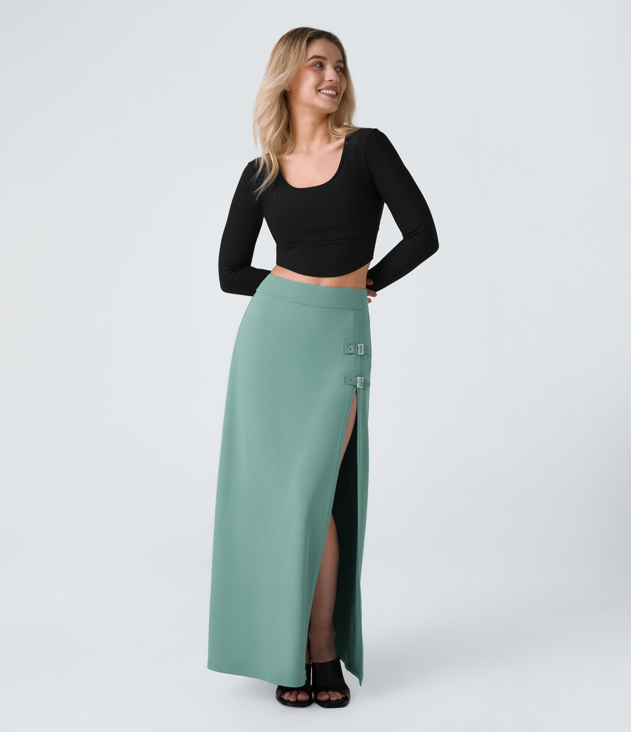 Halara High Waisted Decorative Buckle Split 2-in-1 Maxi Casual Skirt  - Azure - XS(regular) 