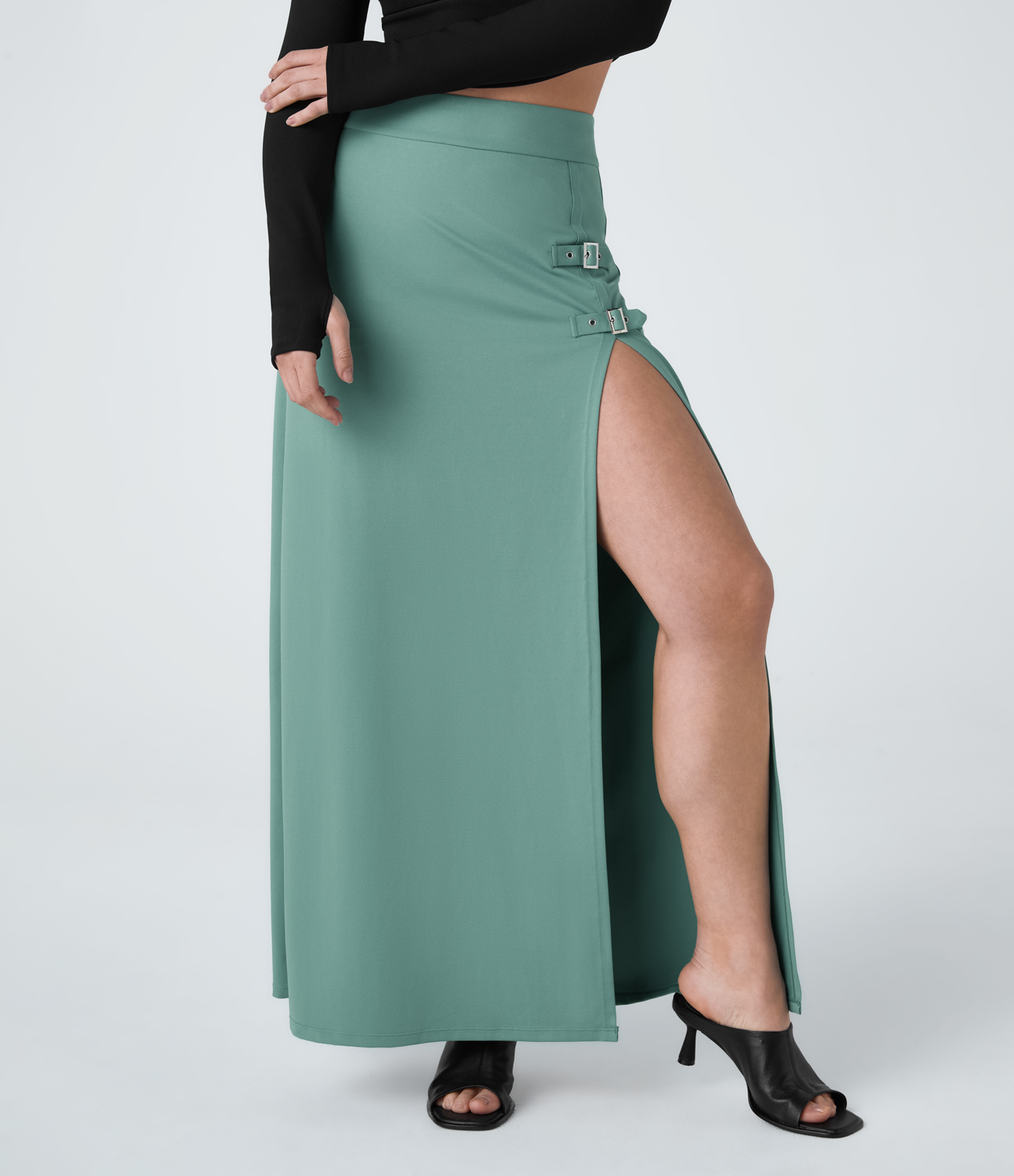 Halara High Waisted Decorative Buckle Split 2-in-1 Maxi Casual Skirt  - Azure - XS(regular) 